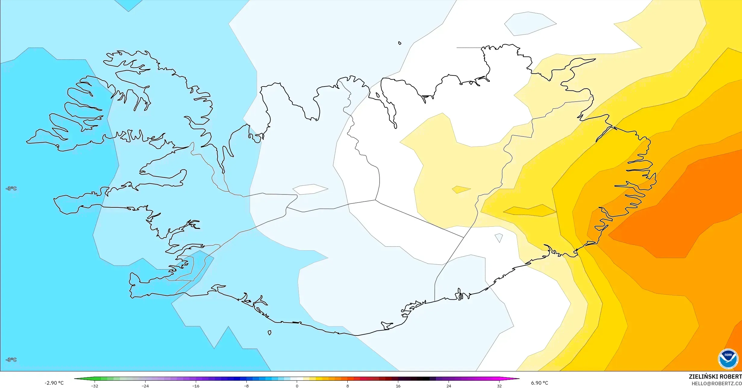 GFS modelo - Islândia, Anomalia de temperatura a 850 hPa