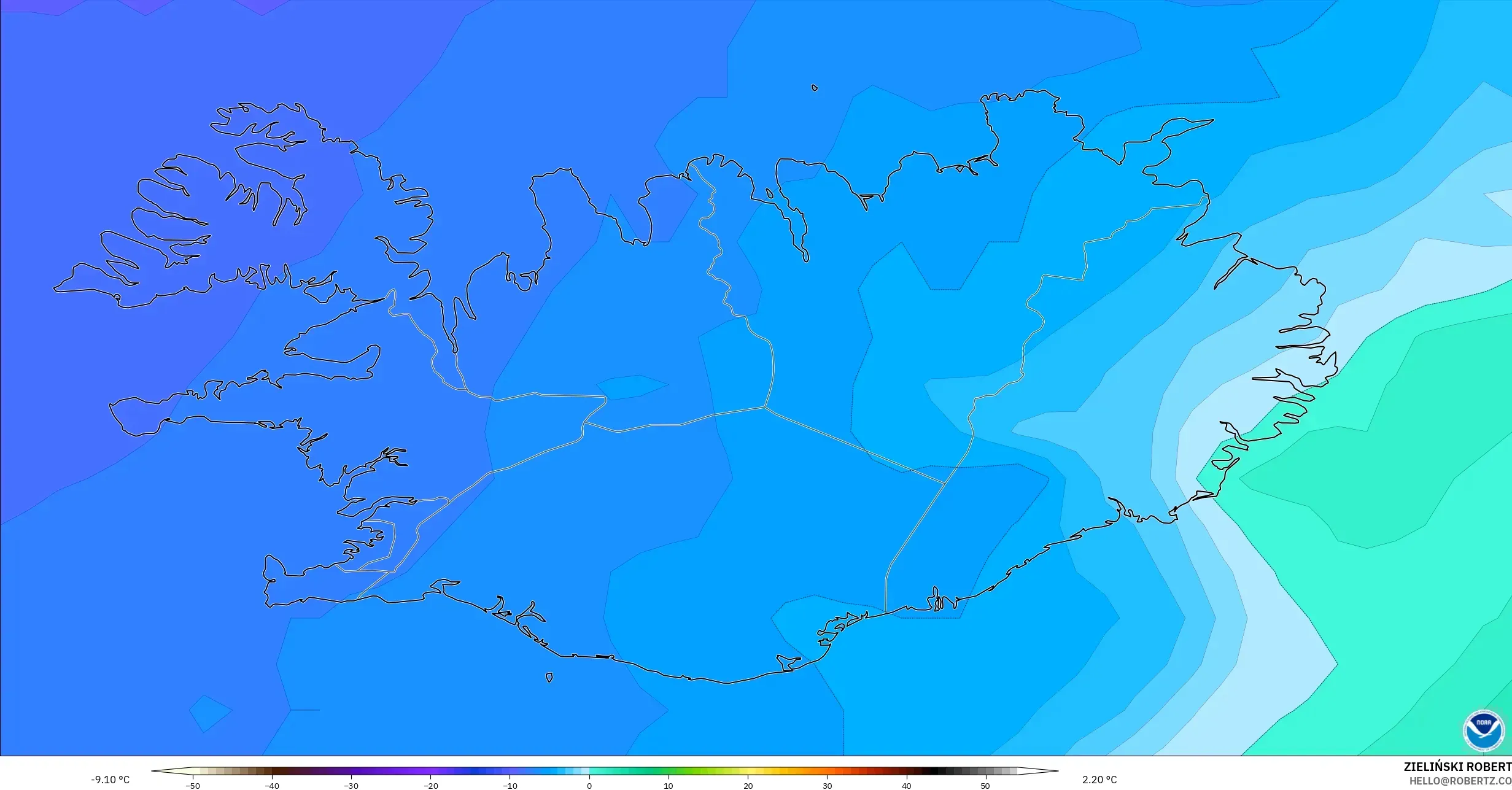 GFS modelo - Islândia, Temperatura a 850 hPa