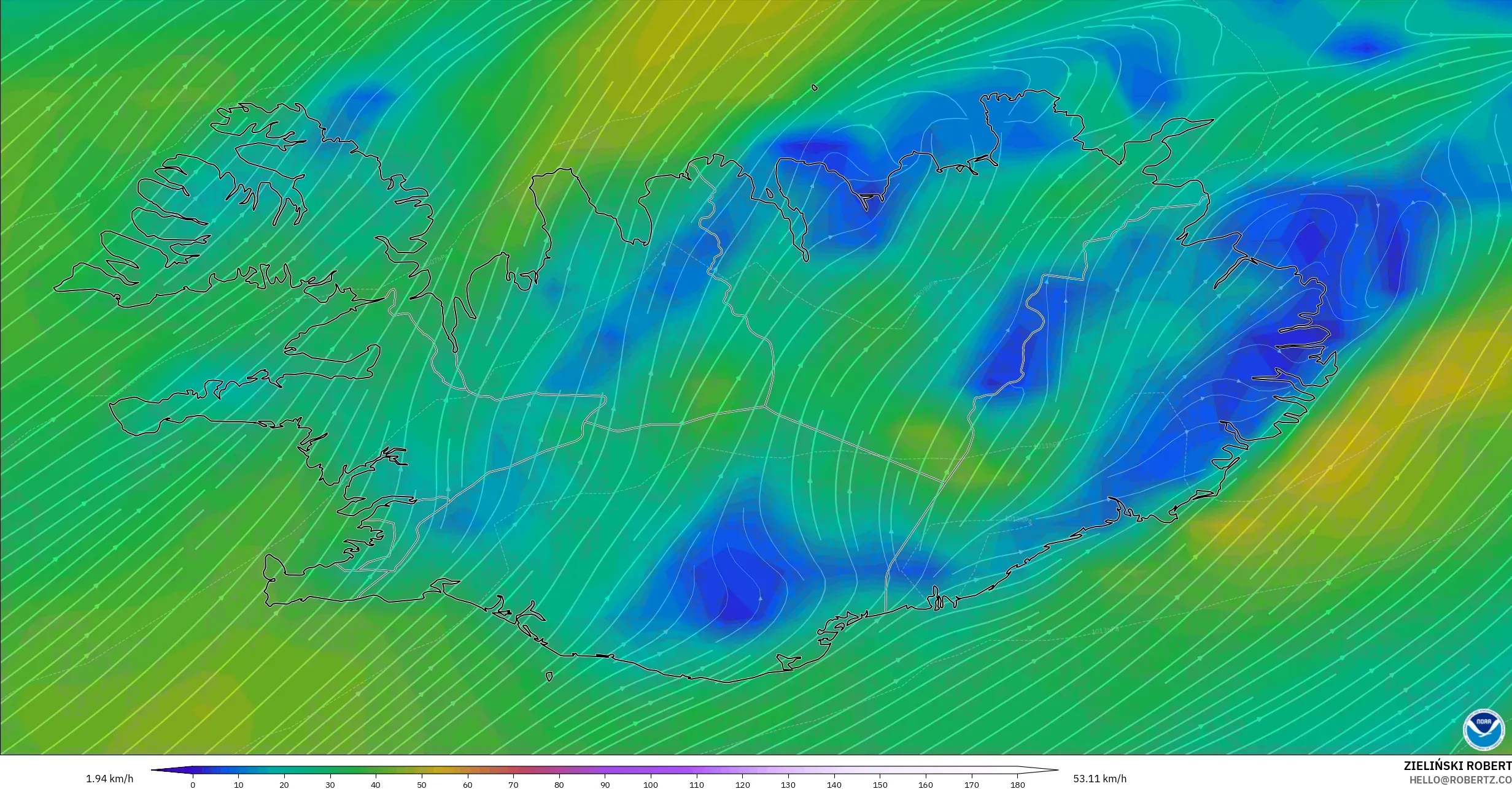GFS modelo - Islândia, Vento a 10 m