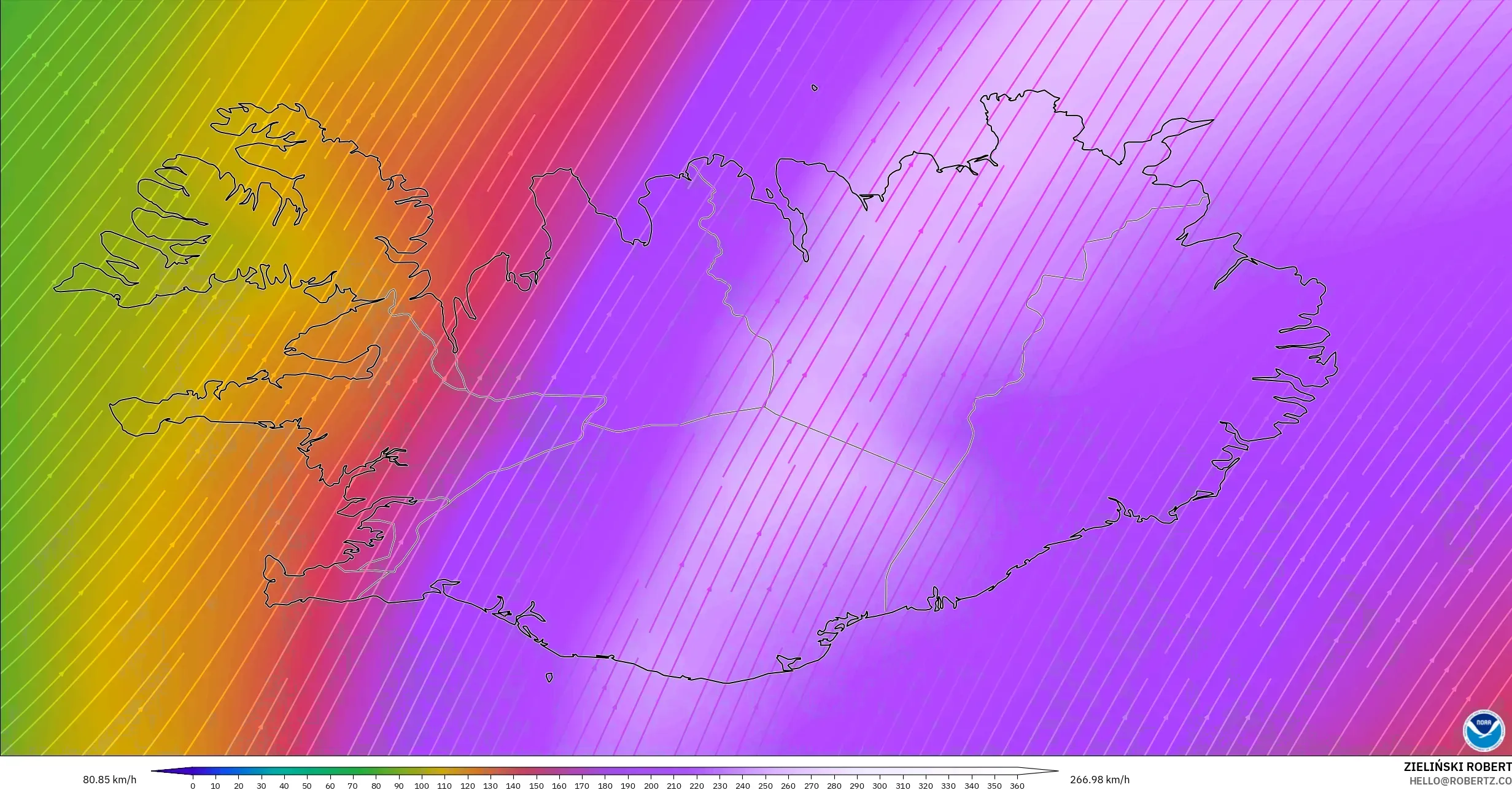 GFS modelo - Islândia, Vento a 300 hPa (corrente em jato)