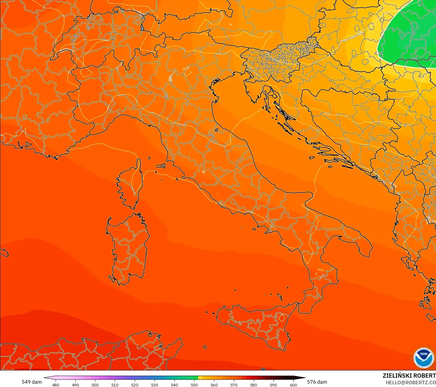 GFS modelo - Itália, Altura geopotencial a 500 hPa