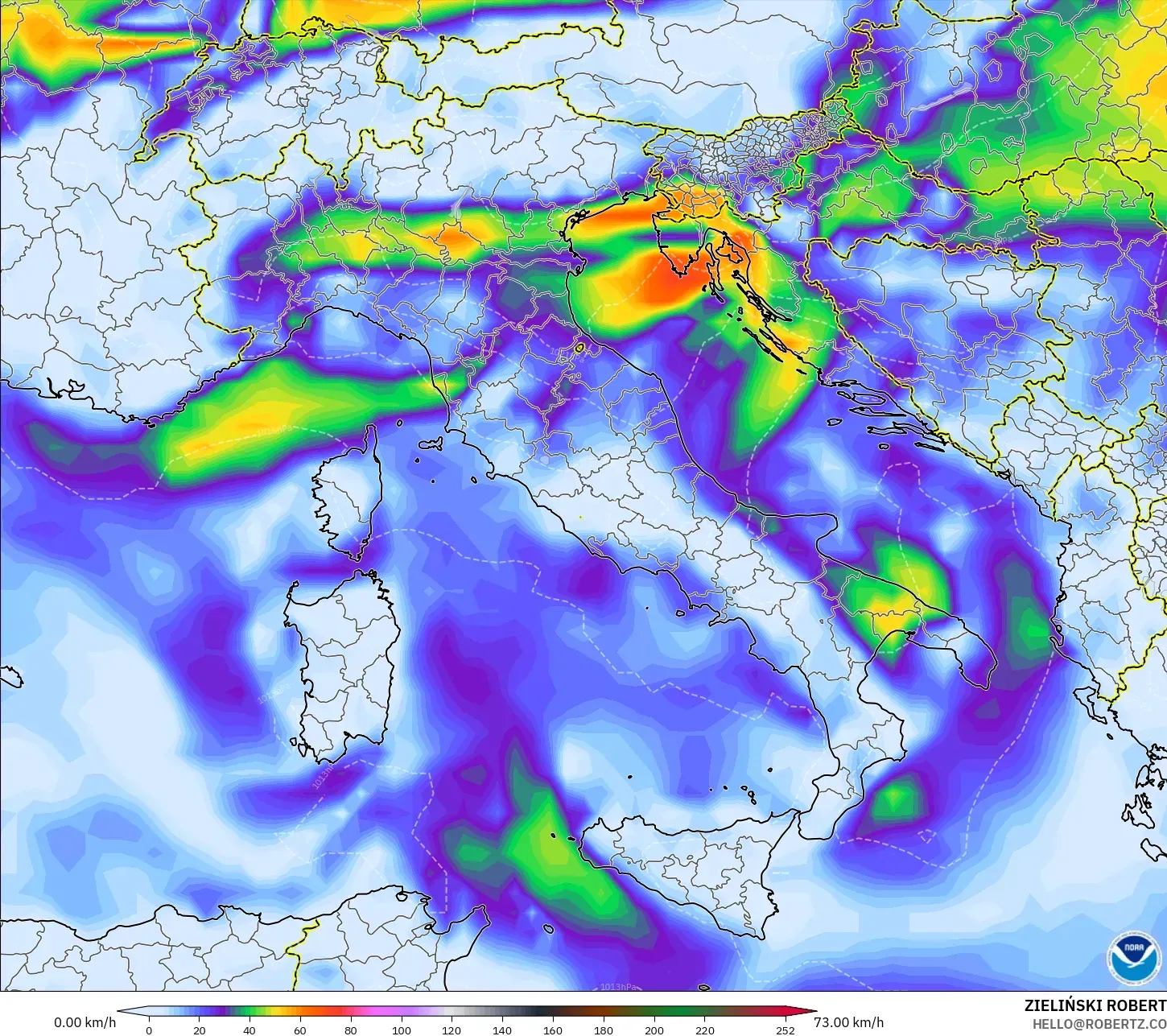 GFS modelo - Itália, Rajadas de Vento Máximas
