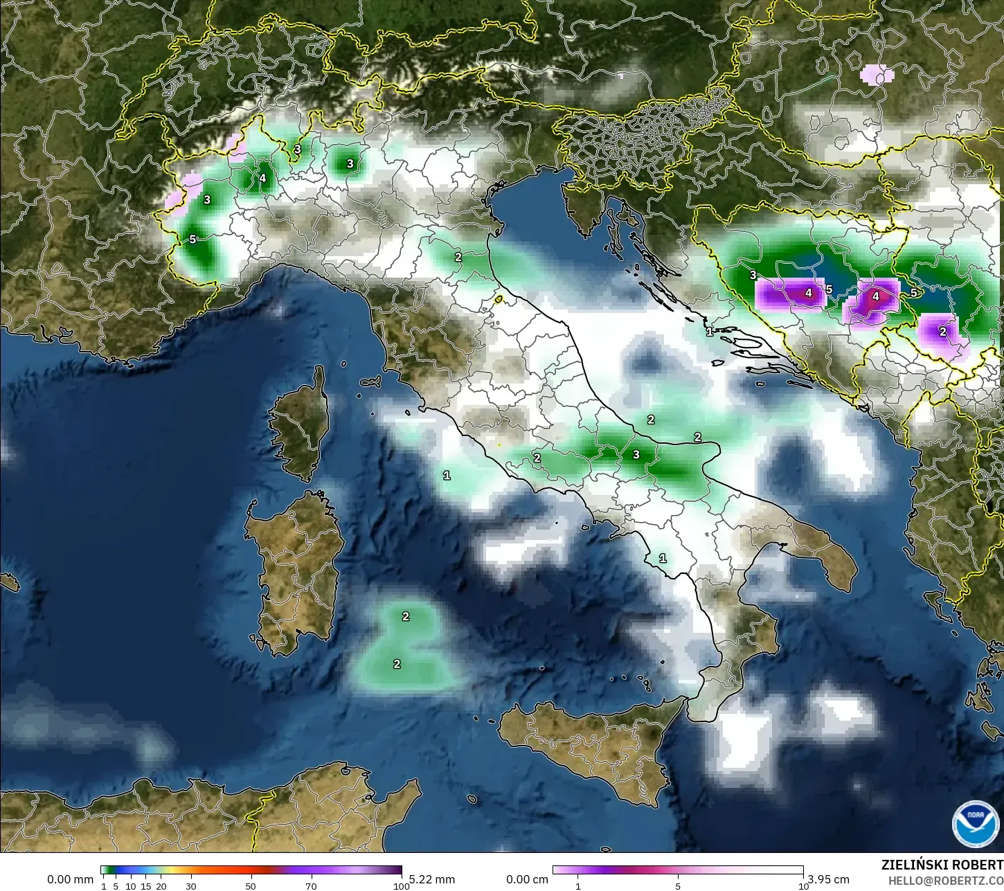 GFS modelo - Itália, Precipitação, nuvens e pressão