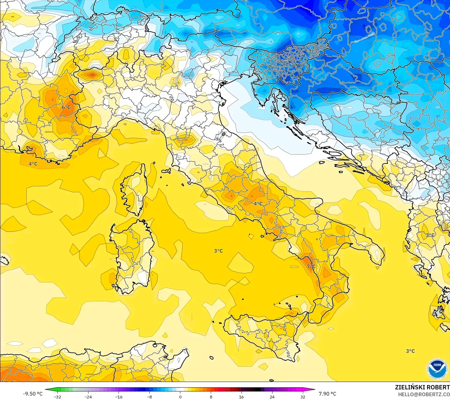 GFS modelo - Itália, Anomalia de temperatura a 2 m