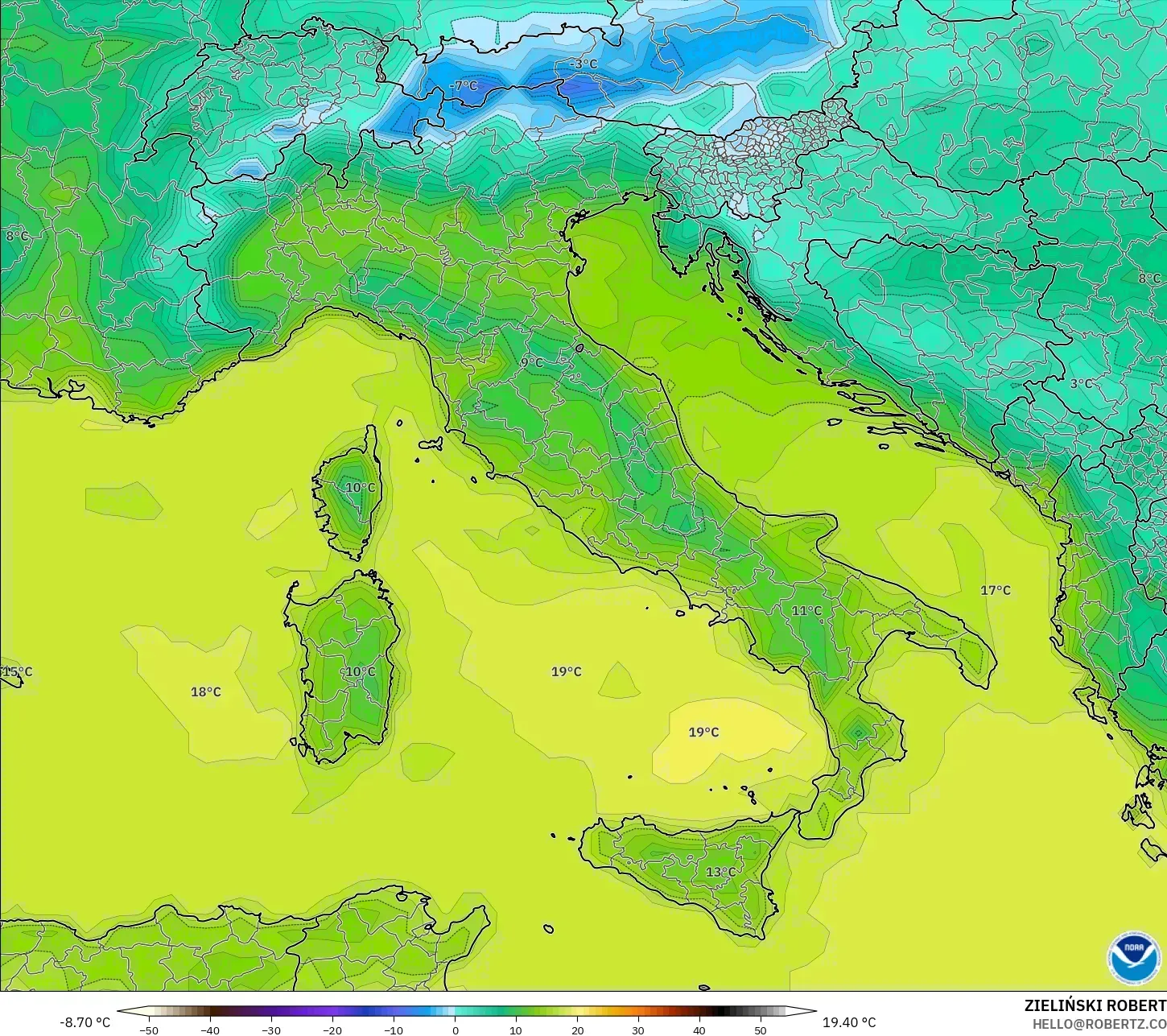 GFS modelo - Itália, Temperatura a 2 m
