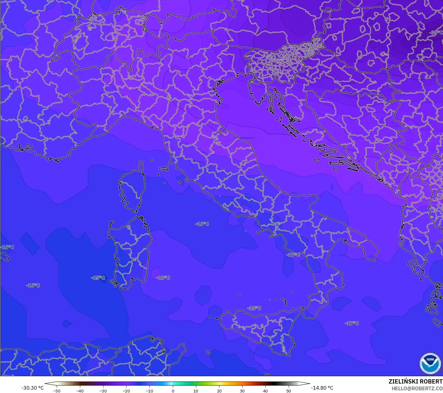 GFS modelo - Itália, Temperatura a 500 hPa