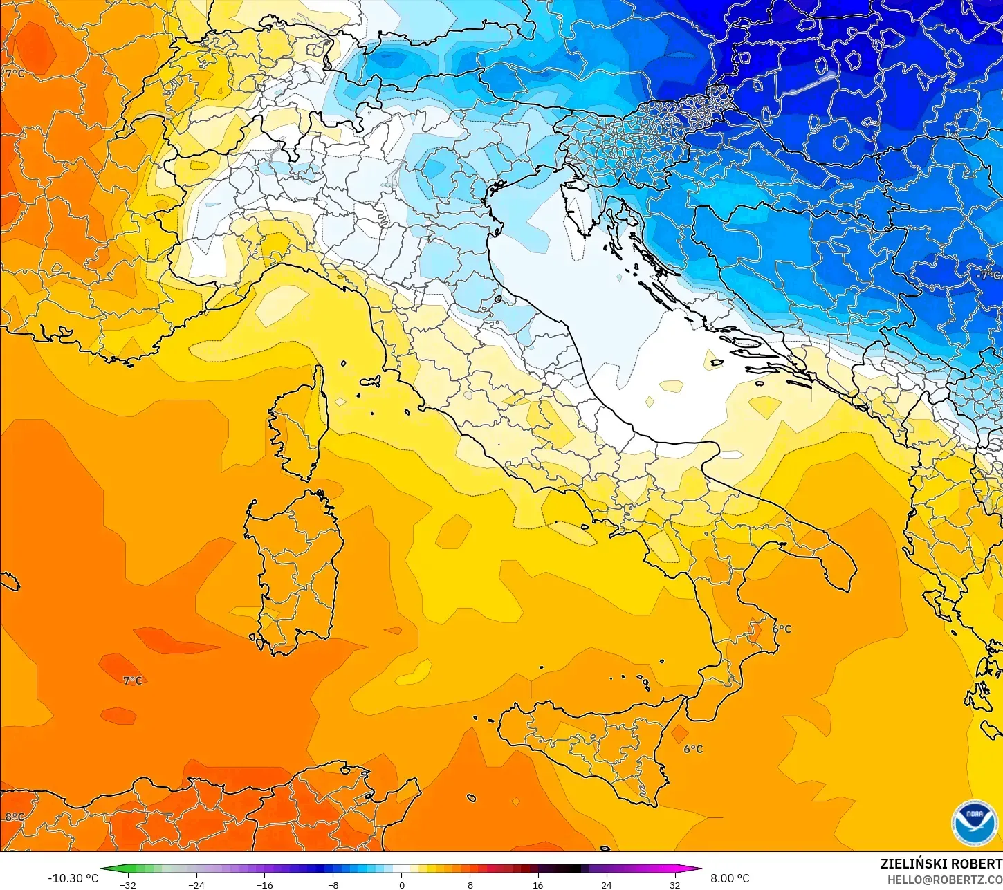 GFS modelo - Itália, Anomalia de temperatura a 850 hPa