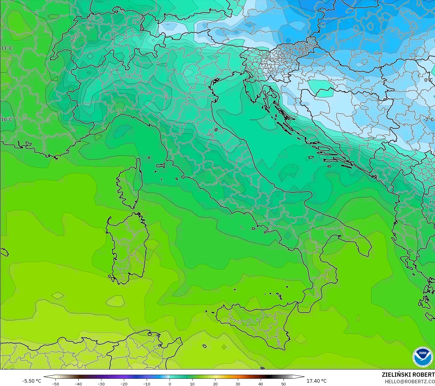 GFS modelo - Itália, Temperatura a 850 hPa
