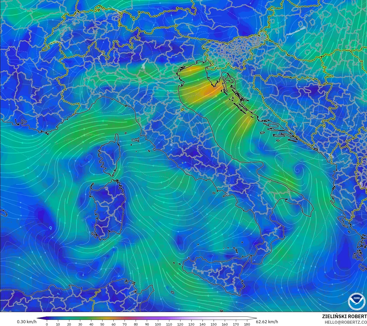GFS modelo - Itália, Vento a 10 m