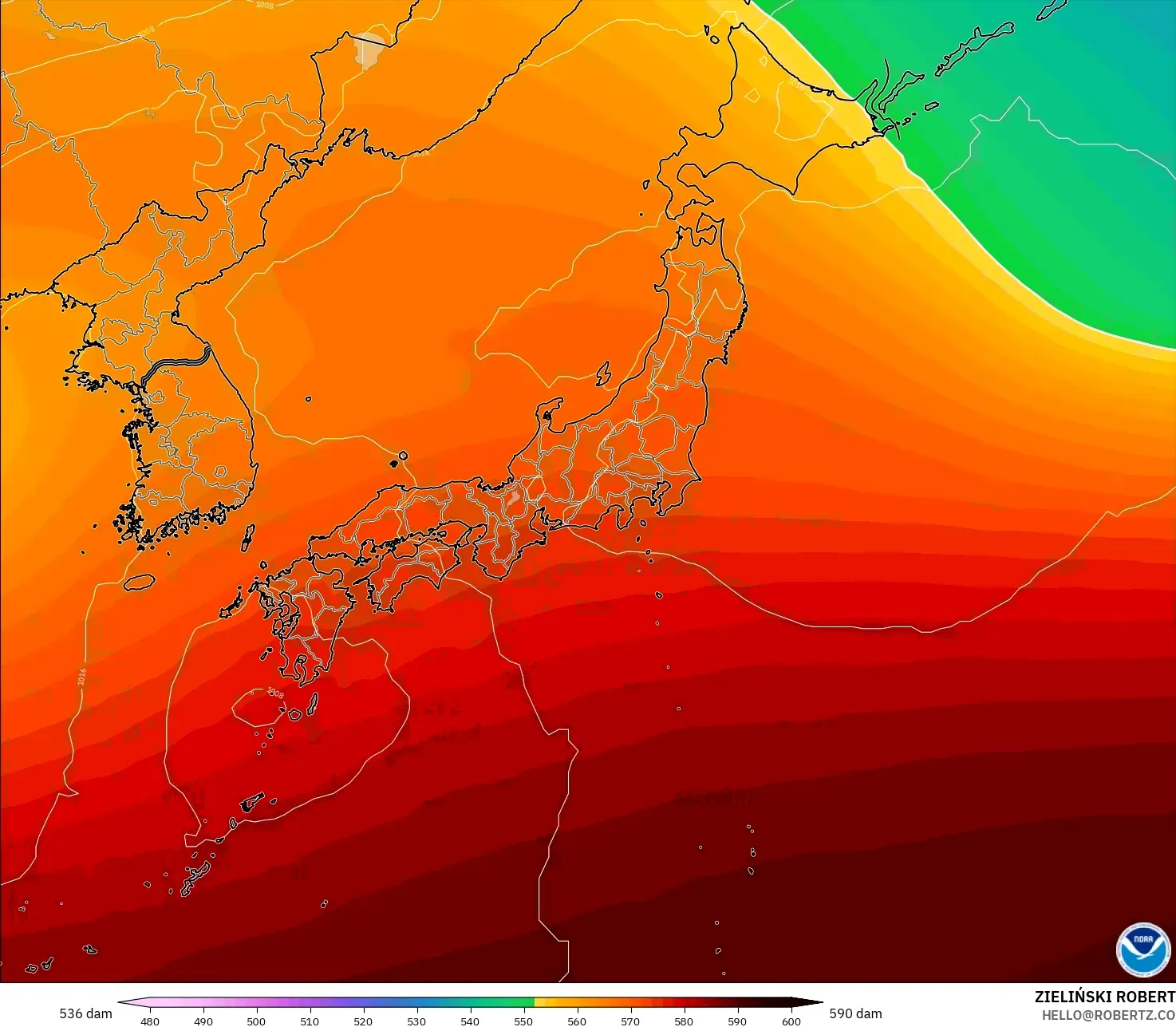 GFS modelo - Japão, Altura geopotencial a 500 hPa