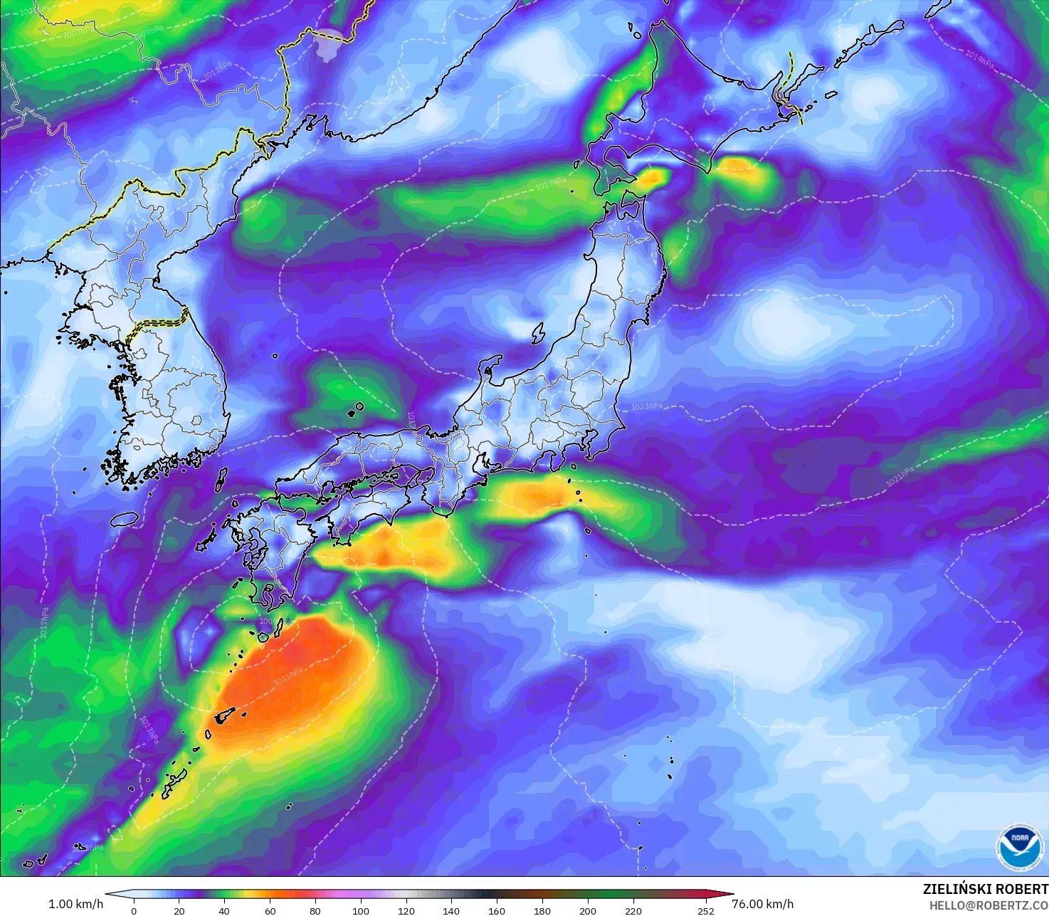 GFS modelo - Japão, Rajadas de Vento Máximas
