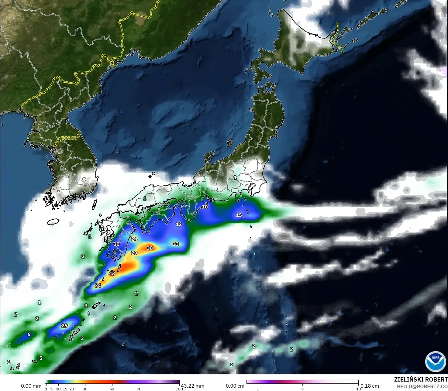 GFS modelo - Japão, Precipitação, nuvens e pressão
