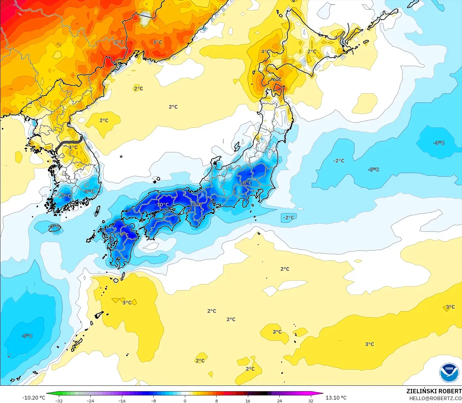 GFS modelo - Japão, Anomalia de temperatura a 2 m