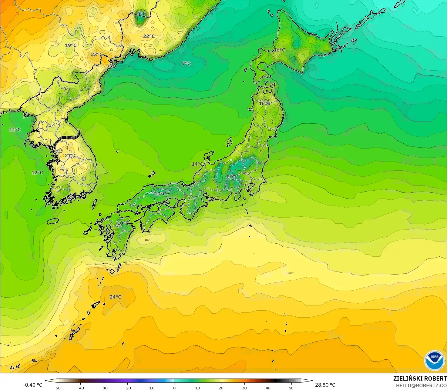 GFS modelo - Japão, Temperatura a 2 m
