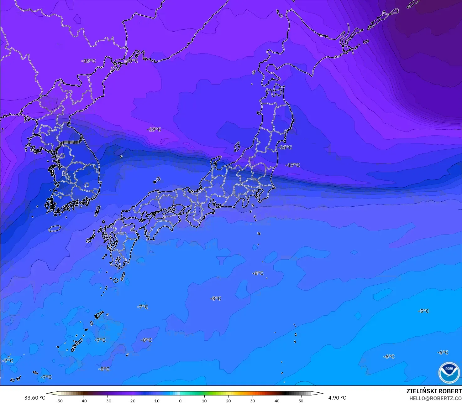 GFS modelo - Japão, Temperatura a 500 hPa