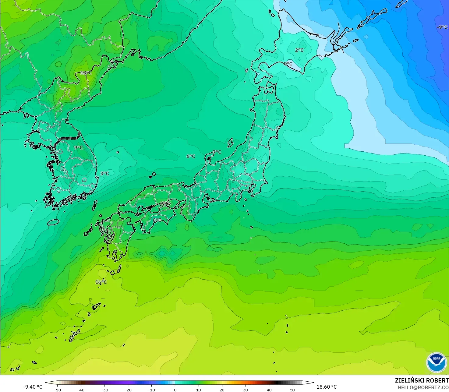 GFS modelo - Japão, Temperatura a 850 hPa