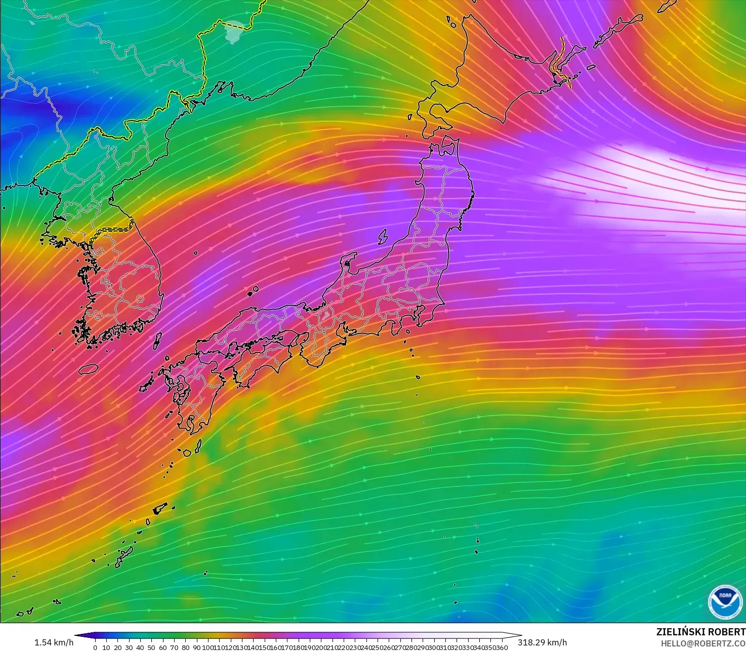 GFS modelo - Japão, Vento a 300 hPa (corrente em jato)