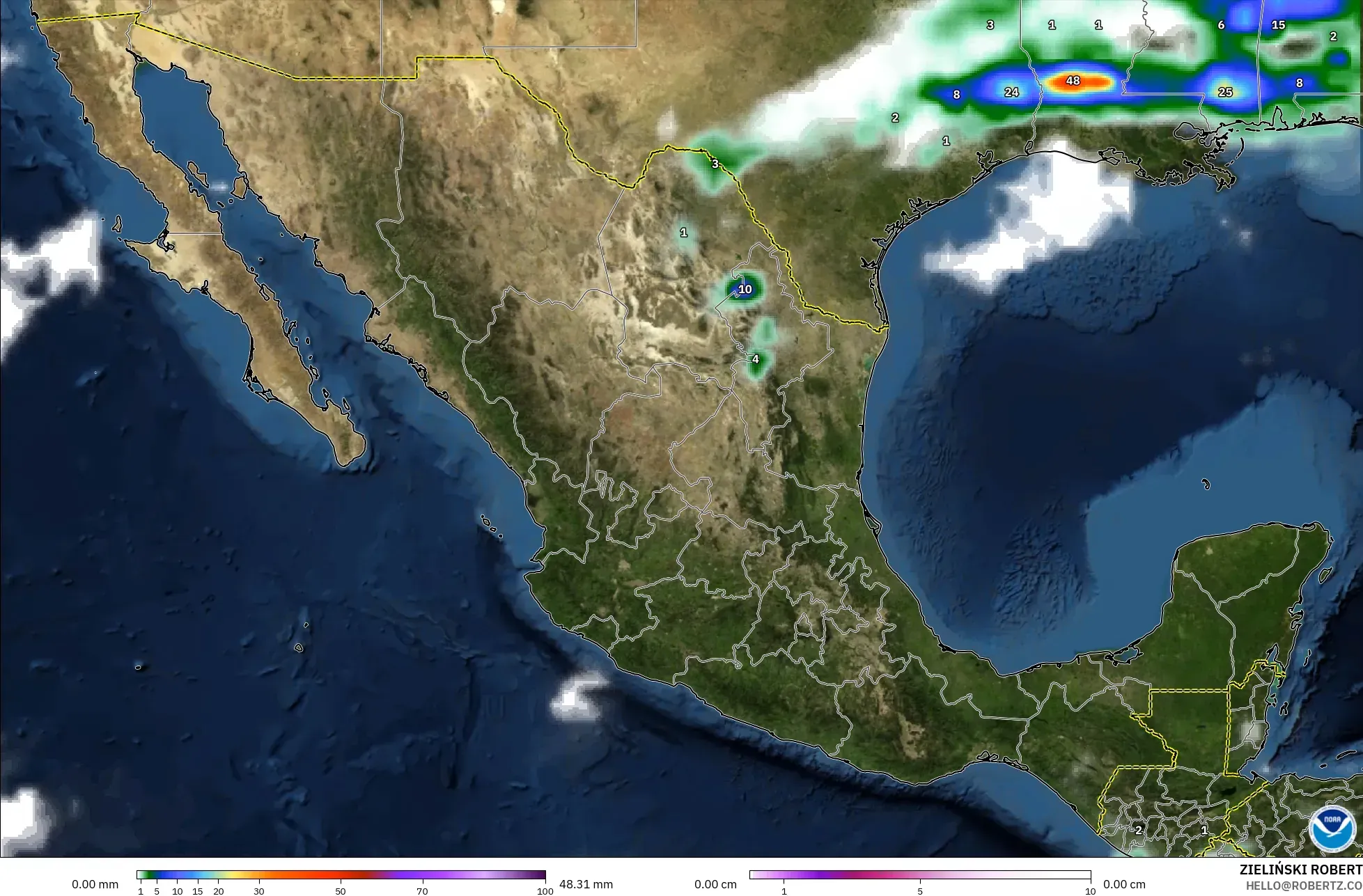 GFS modelo - México, Precipitação, nuvens e pressão