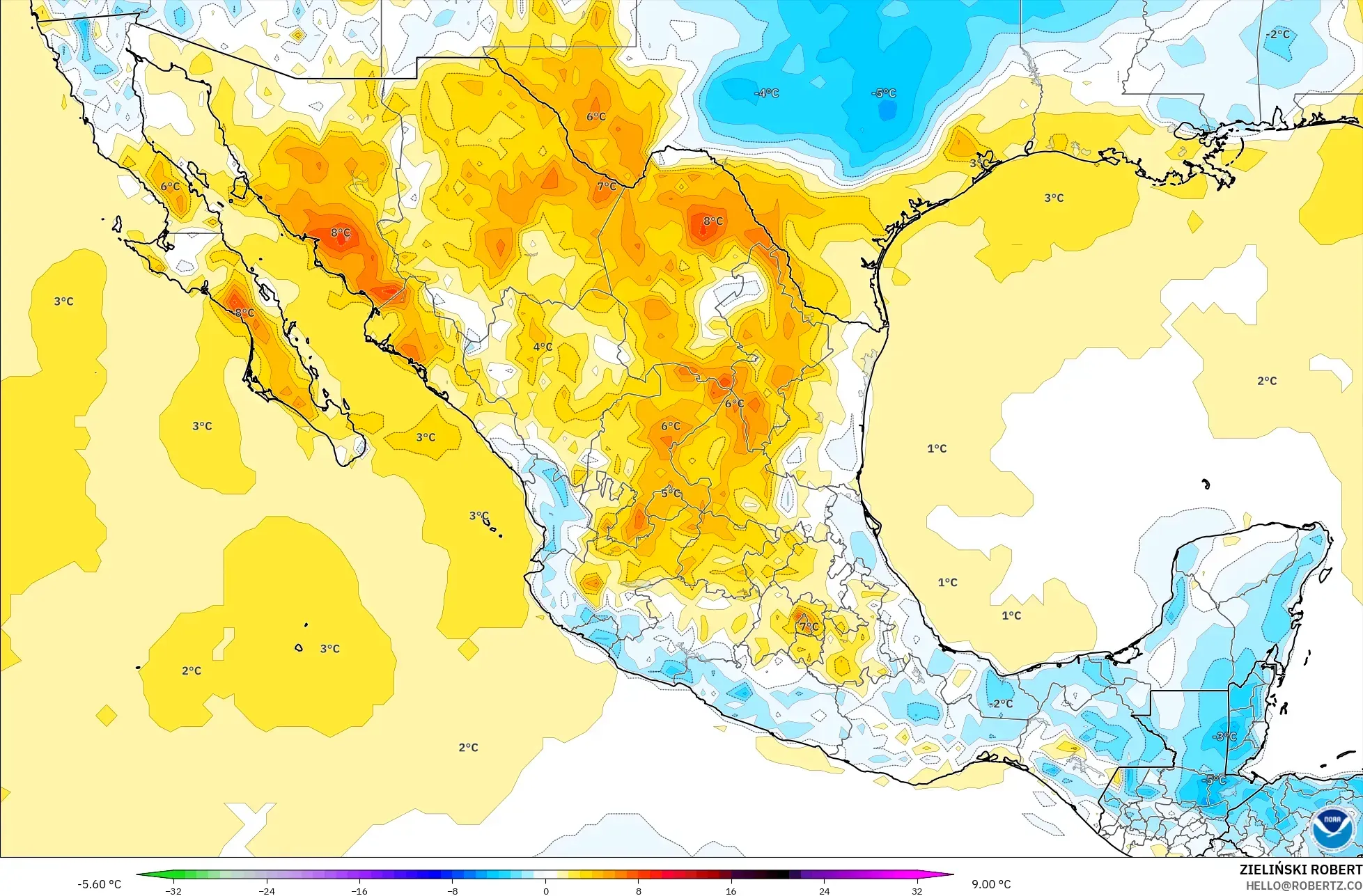 GFS modelo - México, Anomalia de temperatura a 2 m