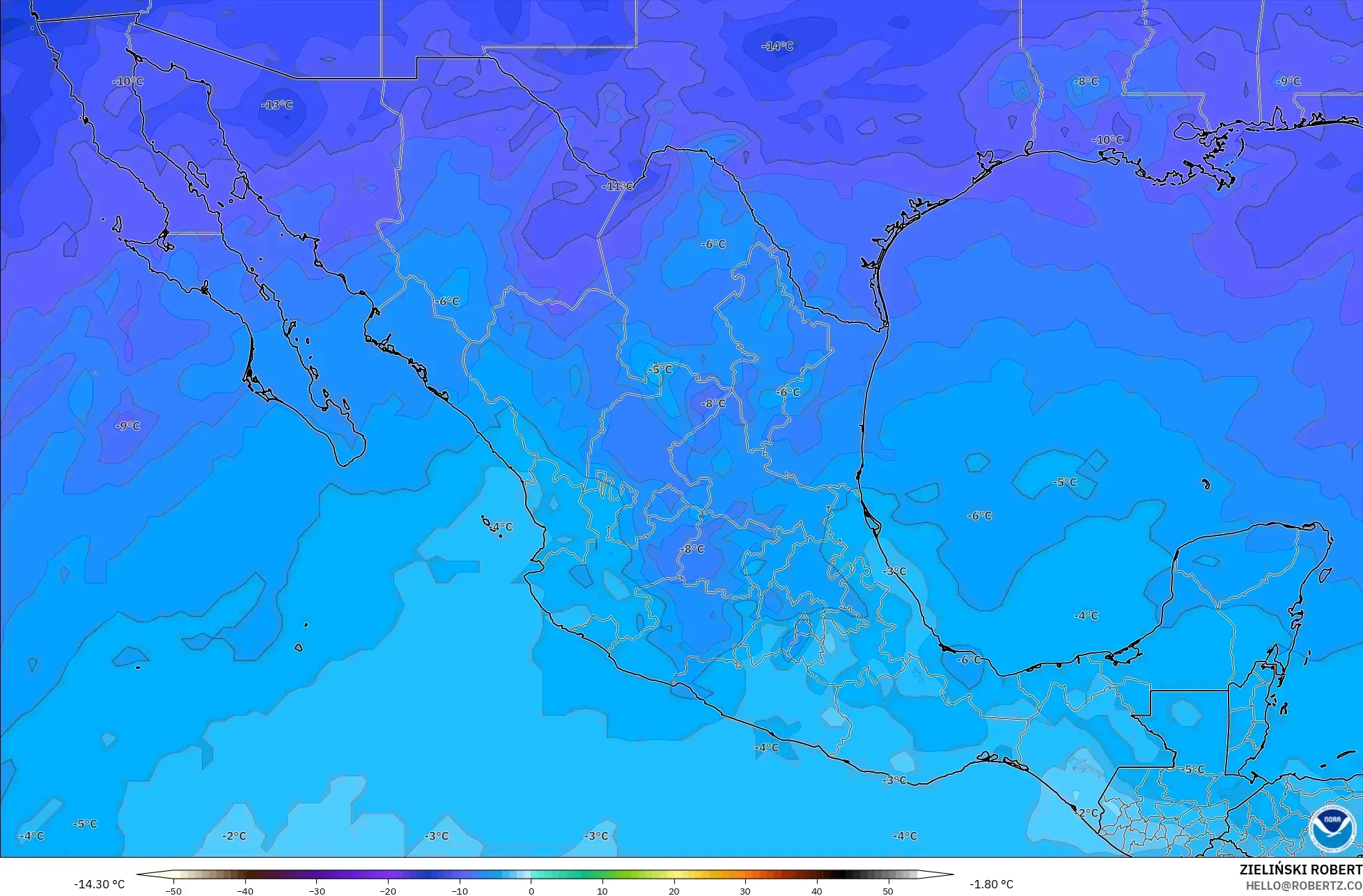 GFS modelo - México, Temperatura a 500 hPa
