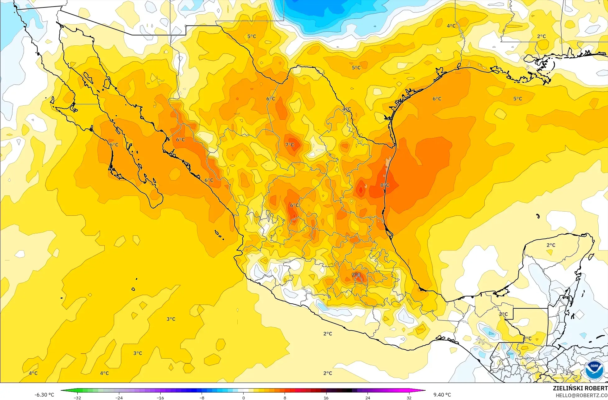 GFS modelo - México, Anomalia de temperatura a 850 hPa