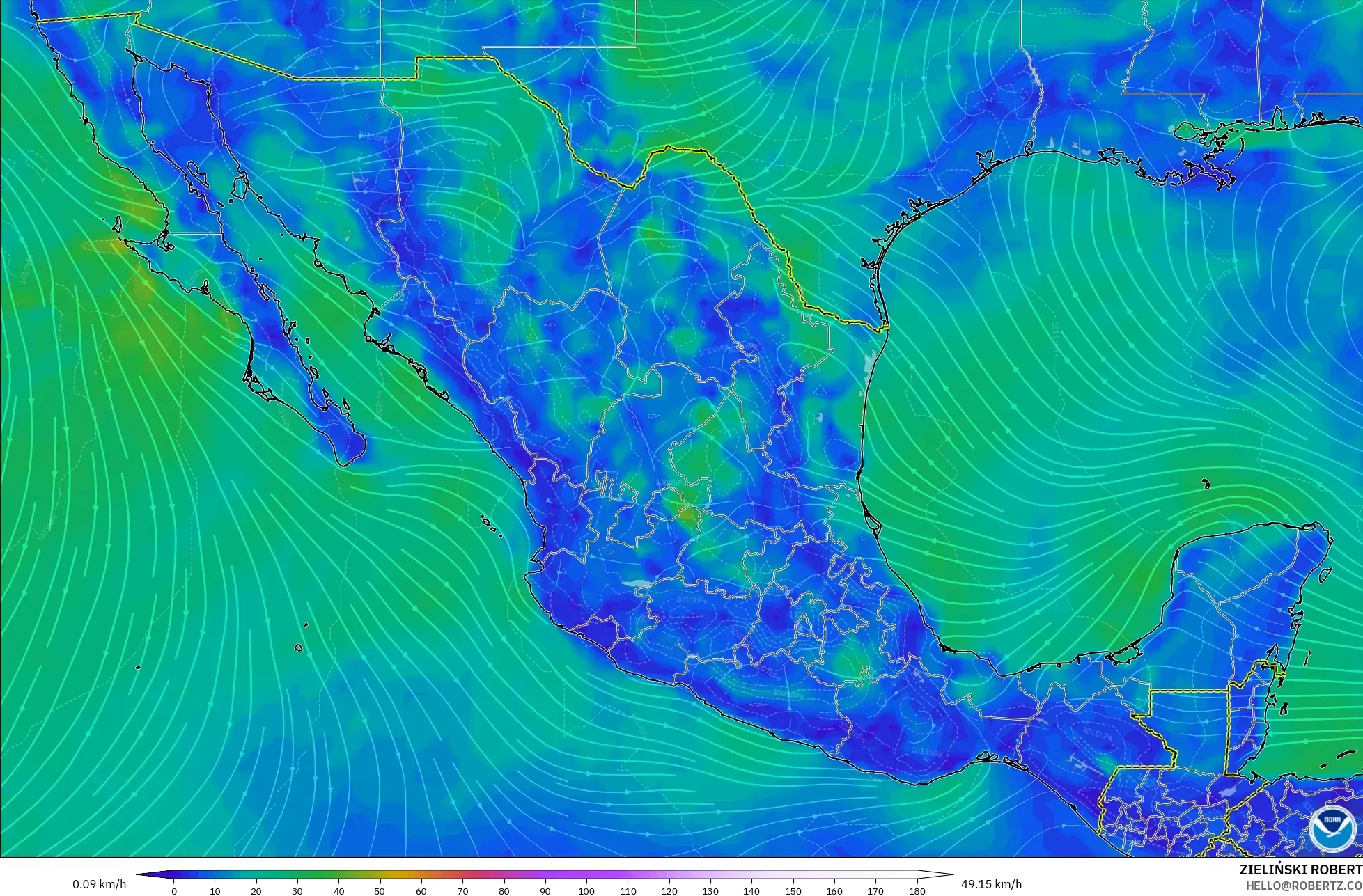 GFS modelo - México, Vento a 10 m