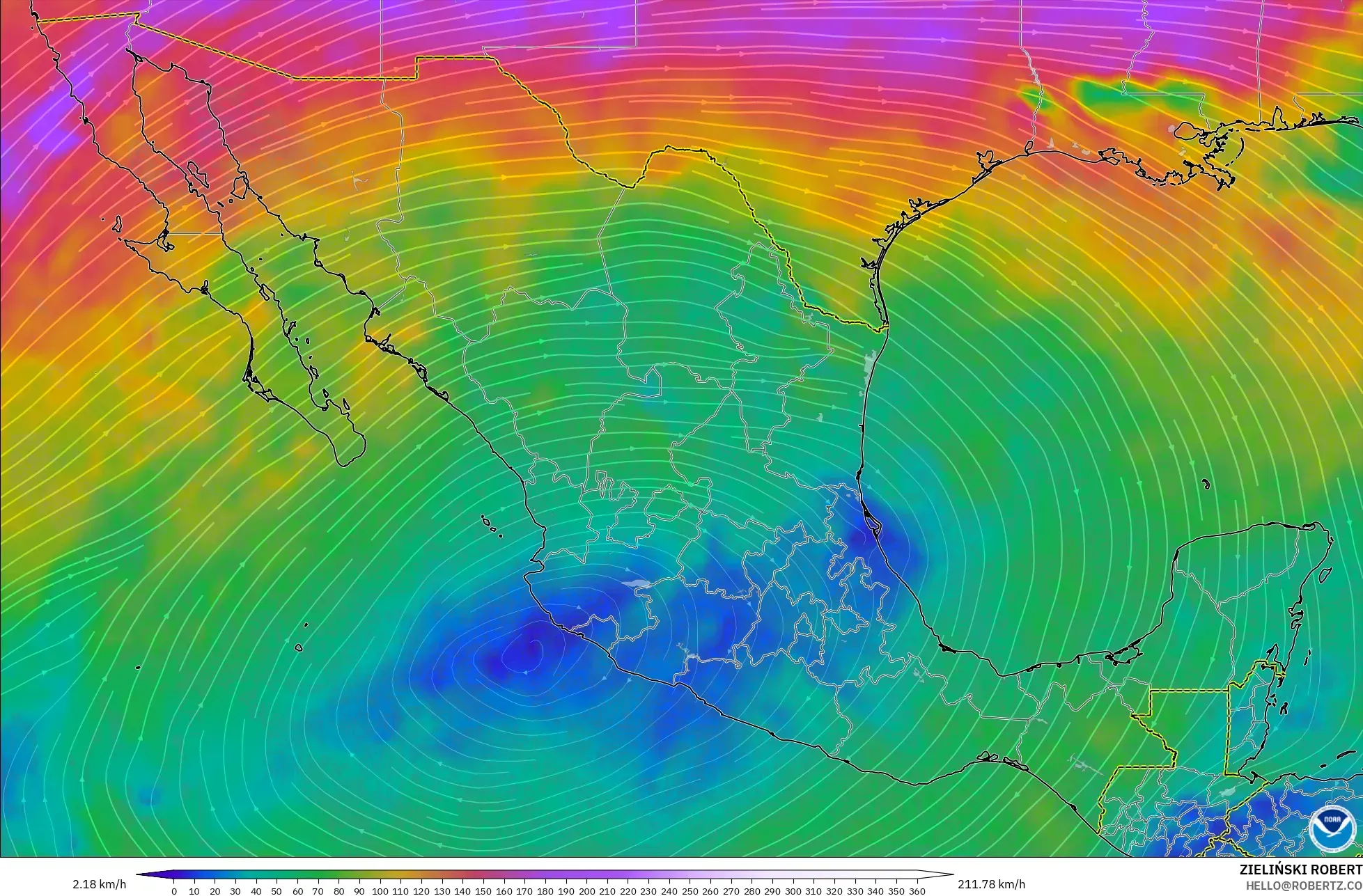 GFS modelo - México, Vento a 300 hPa (corrente em jato)