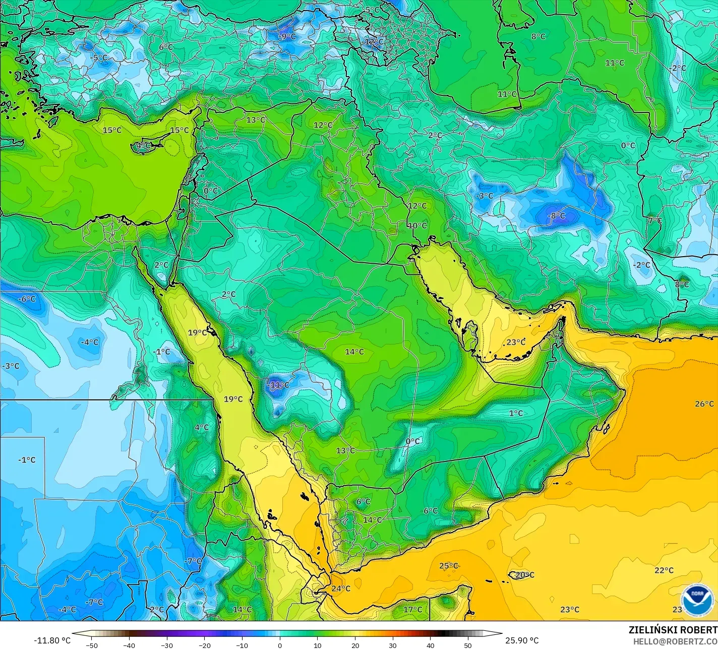 GFS modelo - Oriente Médio, Ponto de orvalho a 2 m