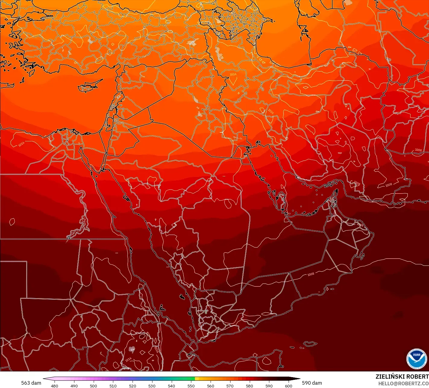 GFS modelo - Oriente Médio, Altura geopotencial a 500 hPa