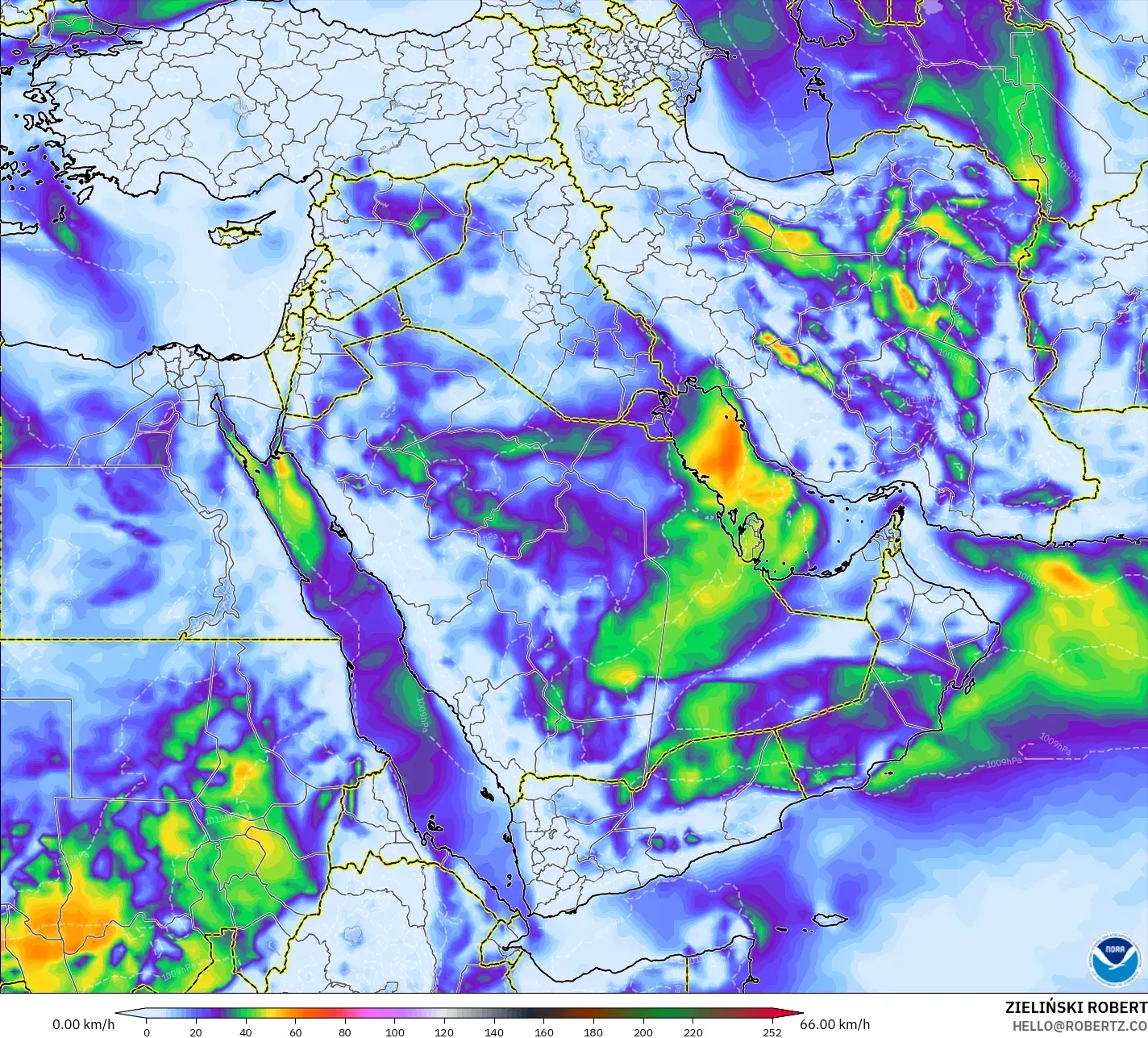 GFS modelo - Oriente Médio, Rajadas de vento
