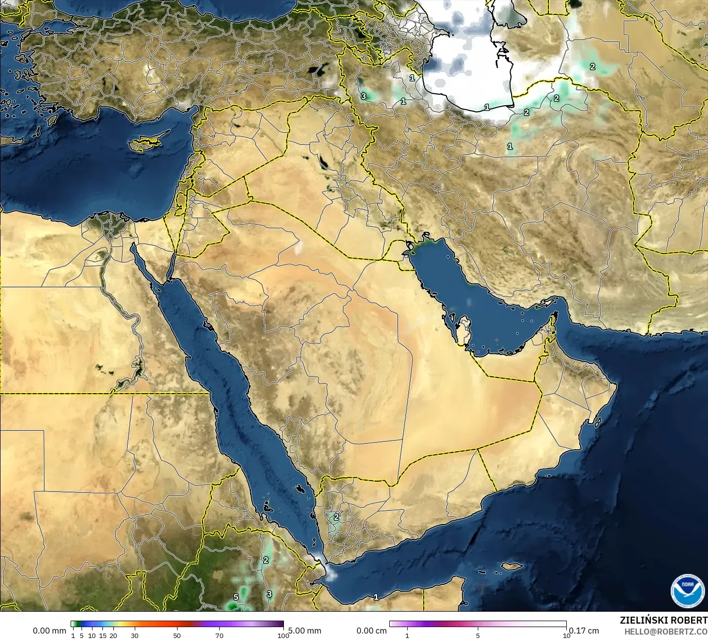 GFS modelo - Oriente Médio, Precipitação, nuvens e pressão