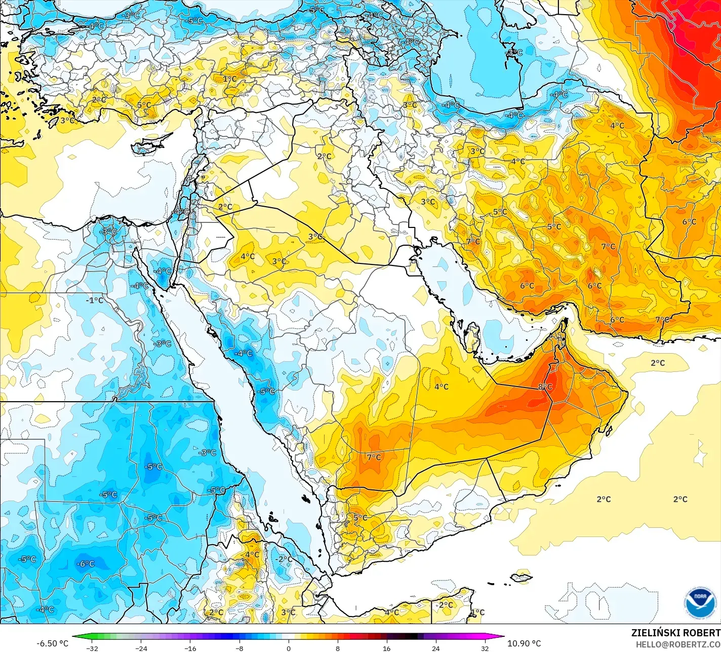 GFS modelo - Oriente Médio, Anomalia de temperatura a 2 m