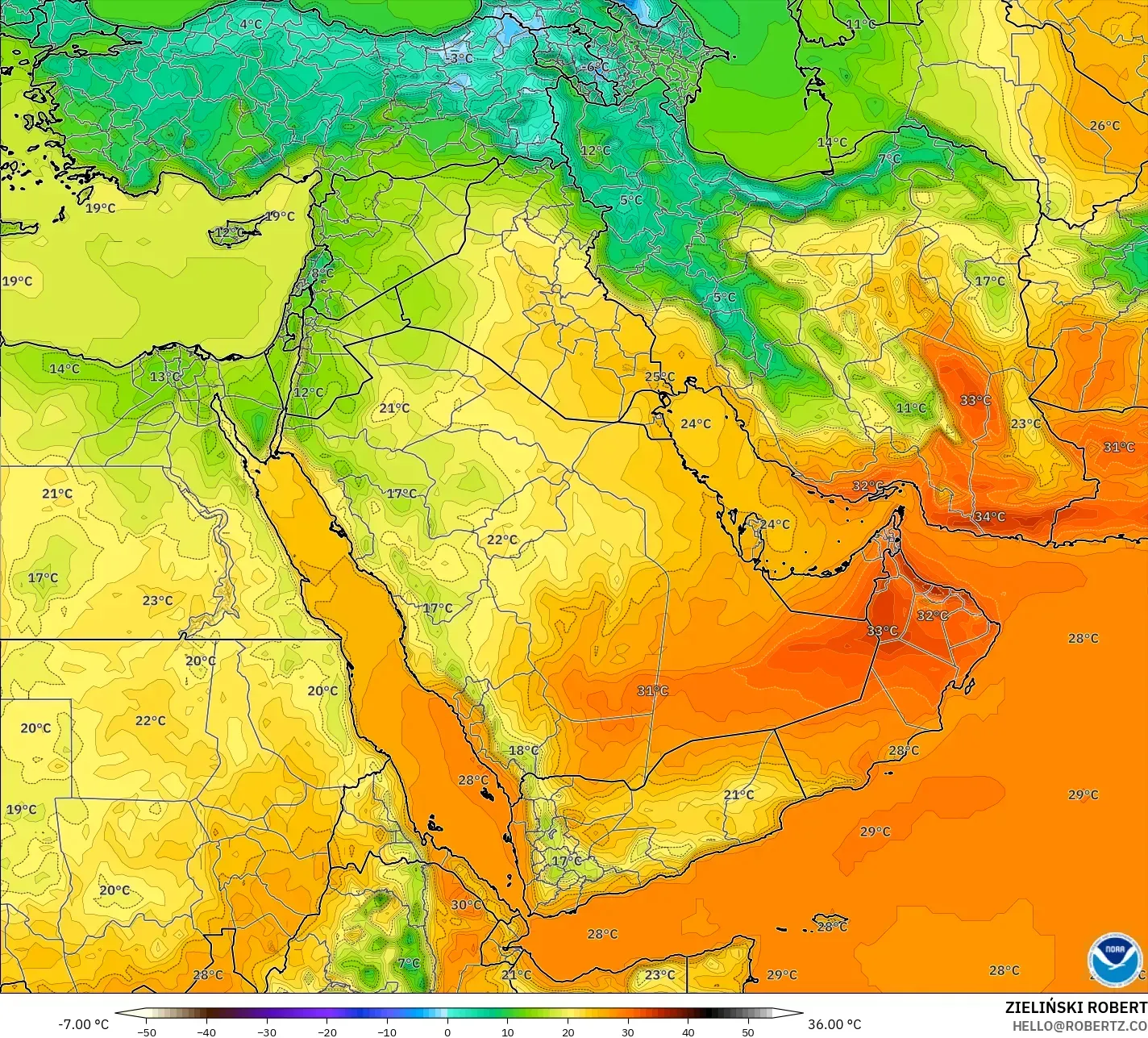 GFS modelo - Oriente Médio, Temperatura a 2 m