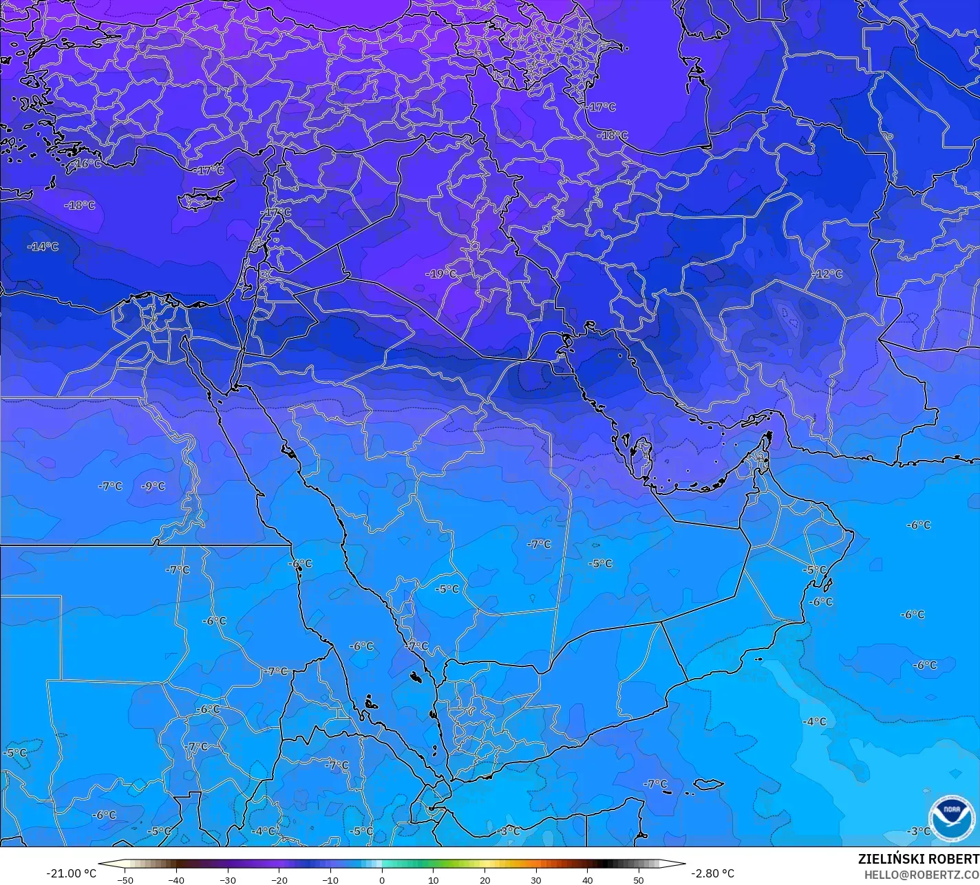 GFS modelo - Oriente Médio, Temperatura a 500 hPa