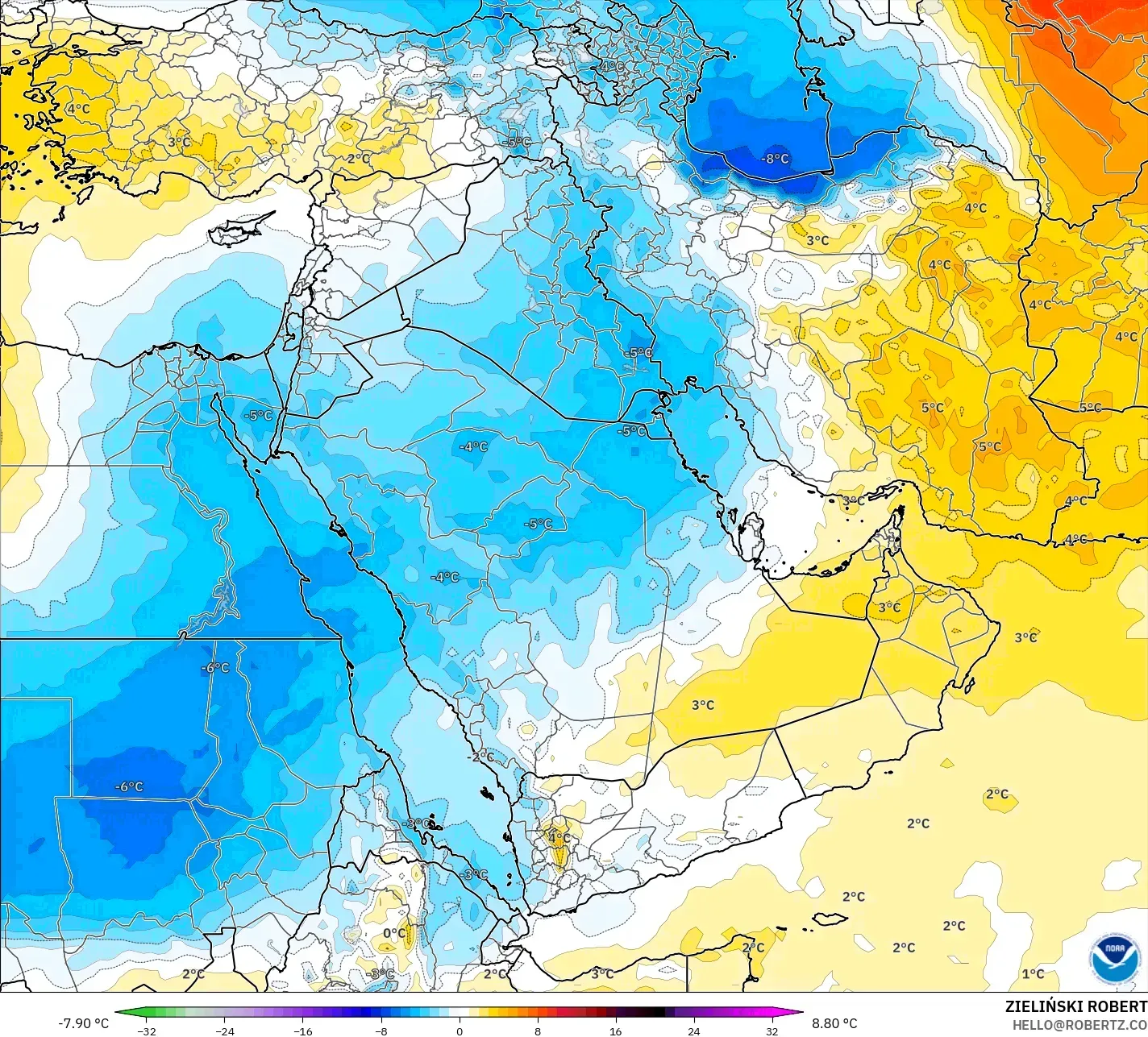 GFS modelo - Oriente Médio, Anomalia de temperatura a 850 hPa