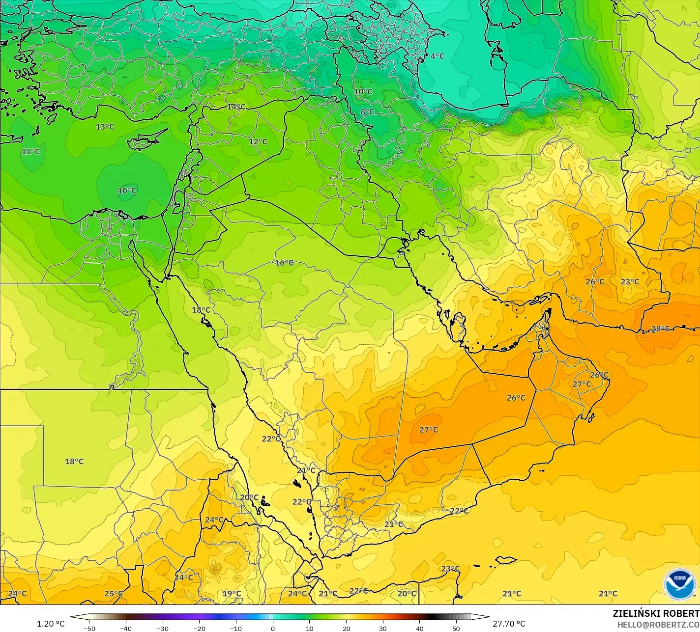 GFS modelo - Oriente Médio, Temperatura a 850 hPa