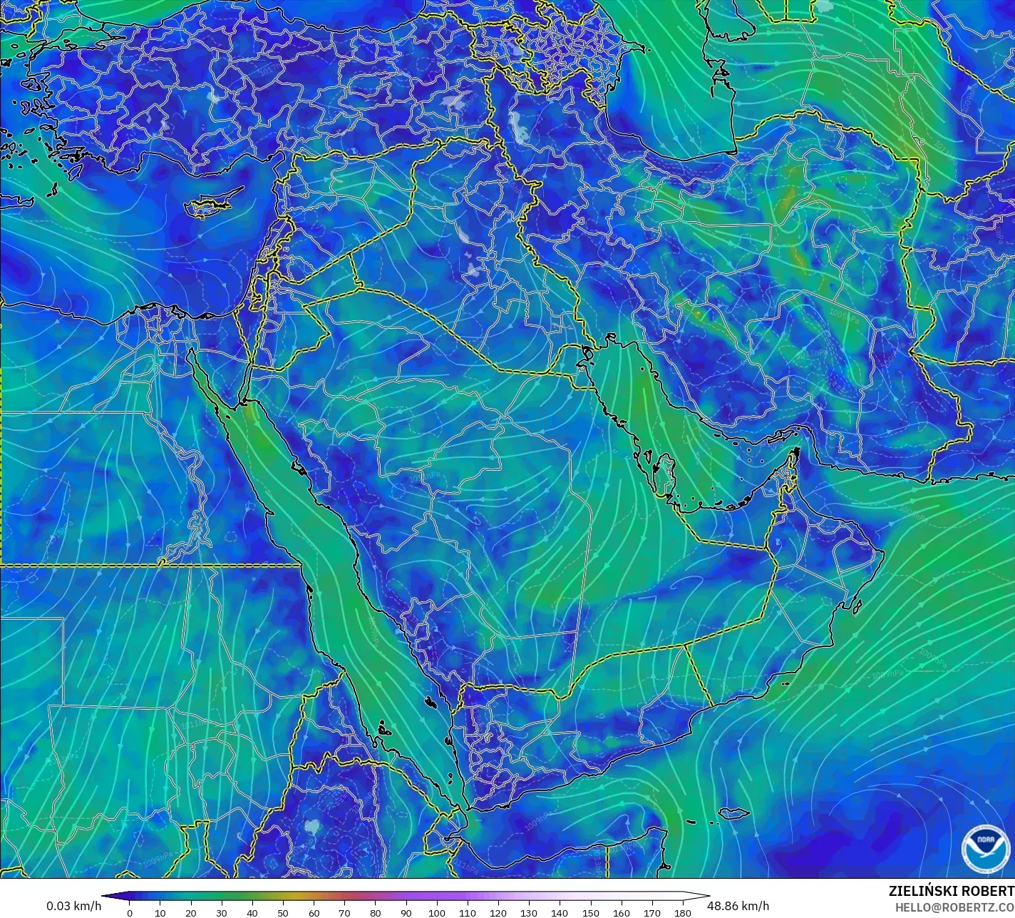 GFS modelo - Oriente Médio, Vento a 10 m