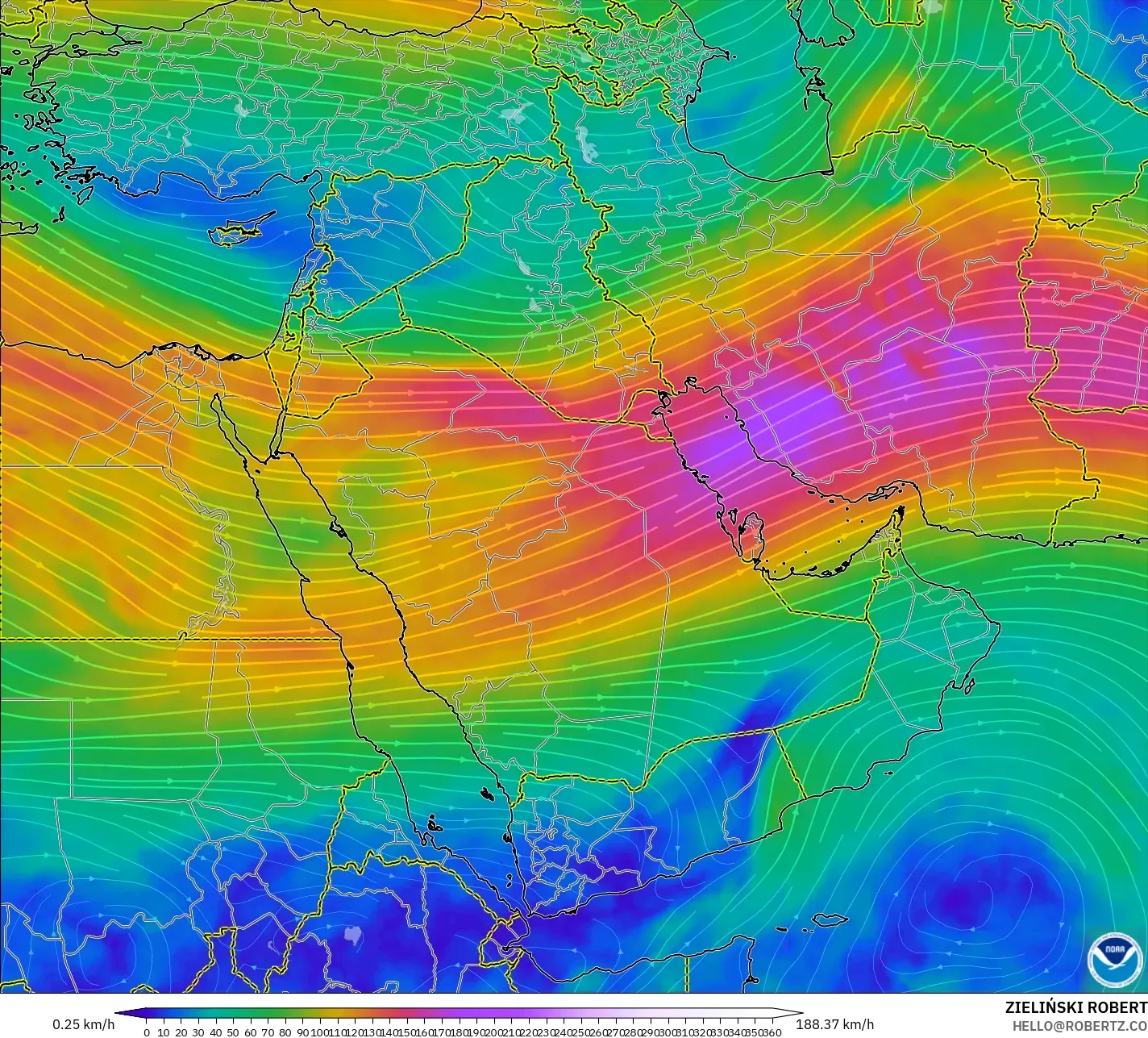 GFS modelo - Oriente Médio, Vento a 300 hPa (corrente em jato)