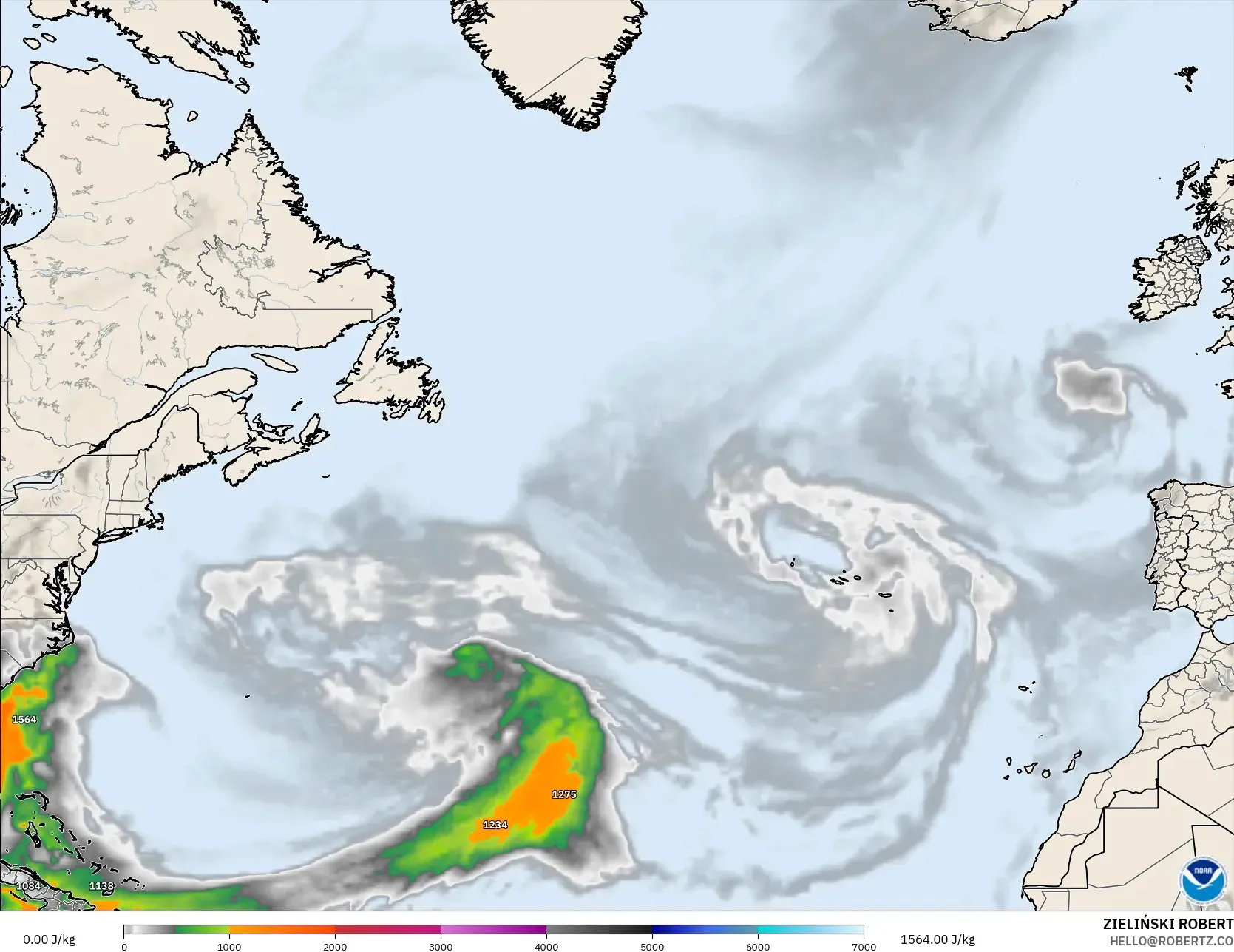 GFS modelo - Atlântico Norte, CAPE
