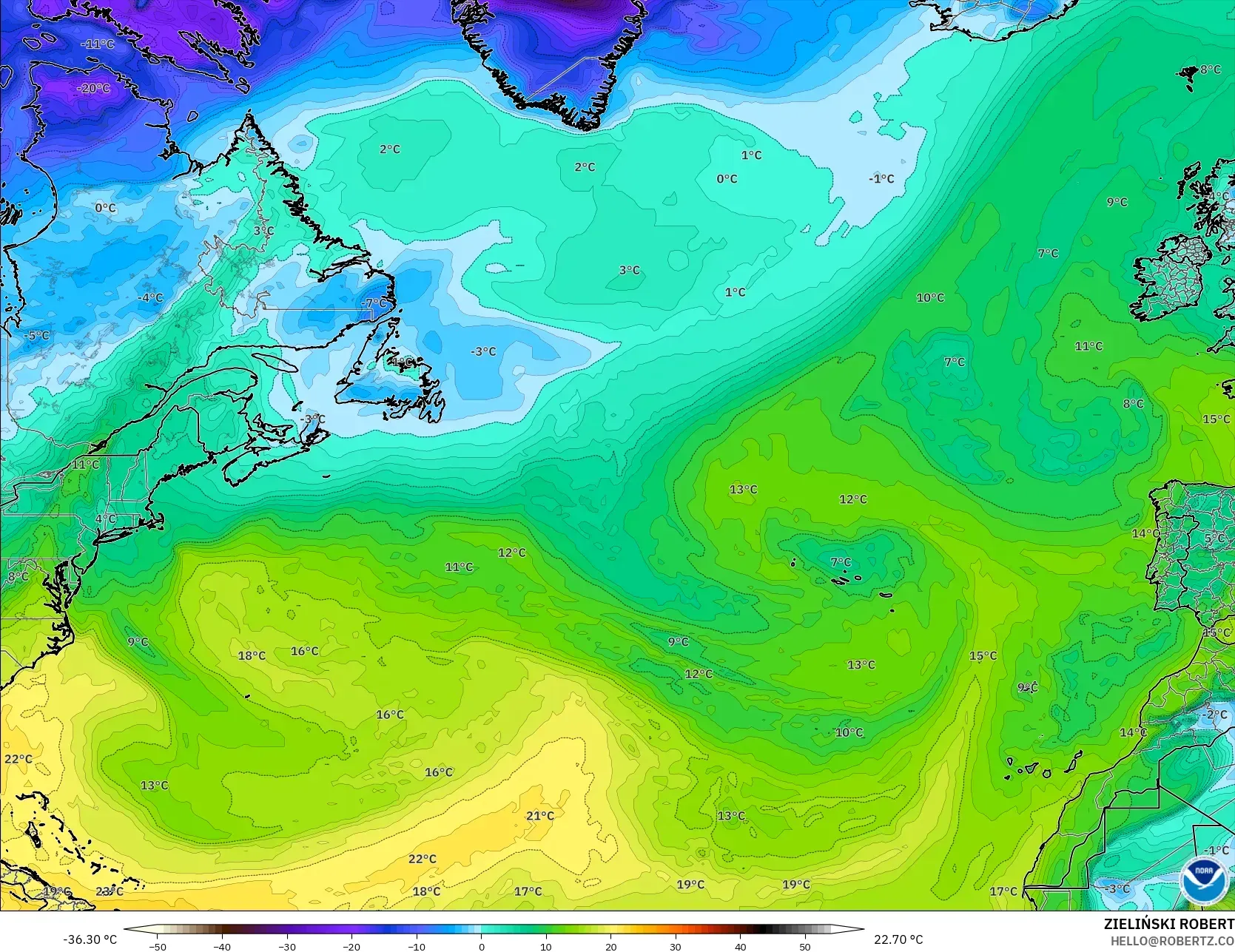 GFS modelo - Atlântico Norte, Ponto de orvalho a 2 m