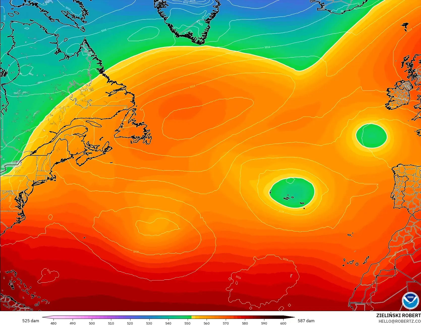 GFS modelo - Atlântico Norte, Altura geopotencial a 500 hPa