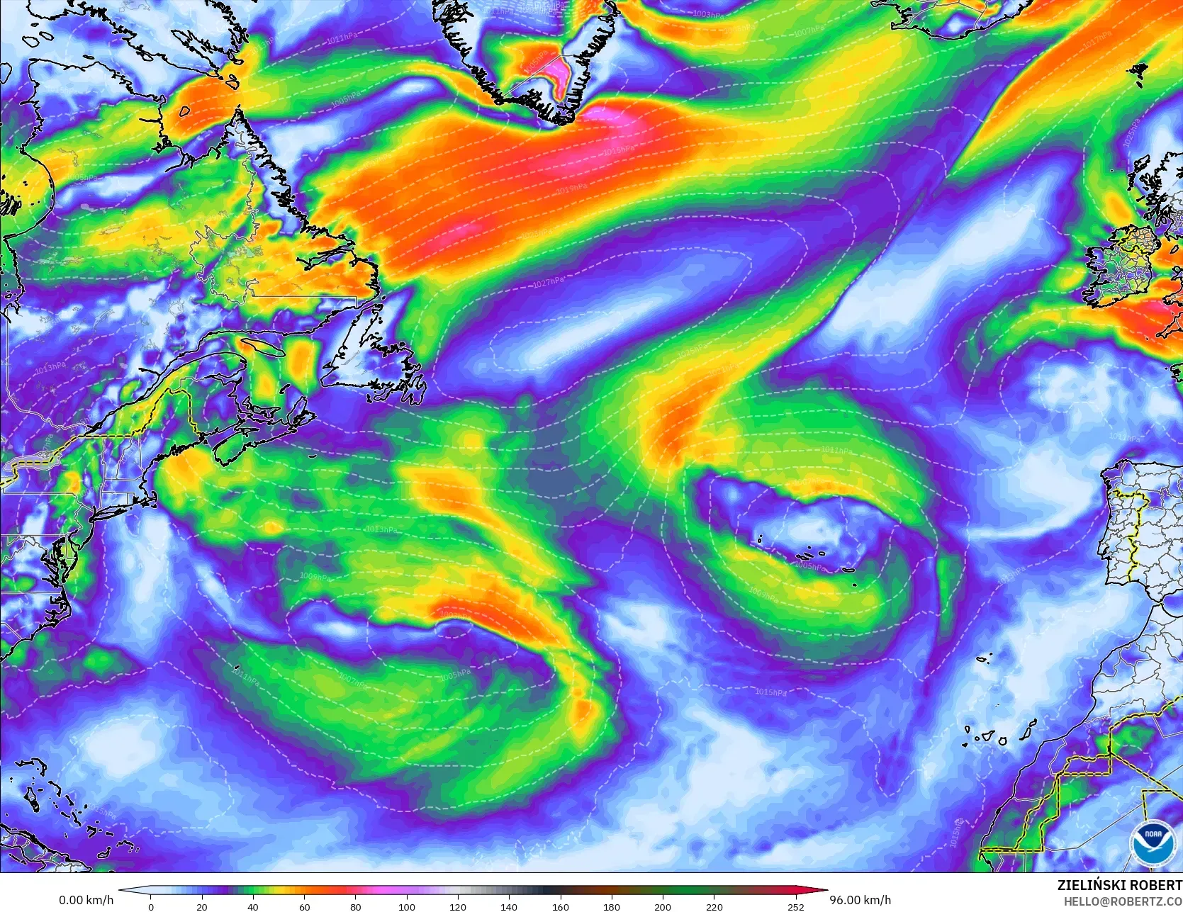 GFS modelo - Atlântico Norte, Rajadas de Vento Máximas