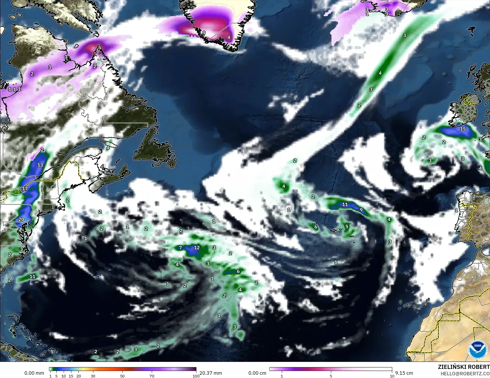GFS modelo - Atlântico Norte, Precipitação, nuvens e pressão