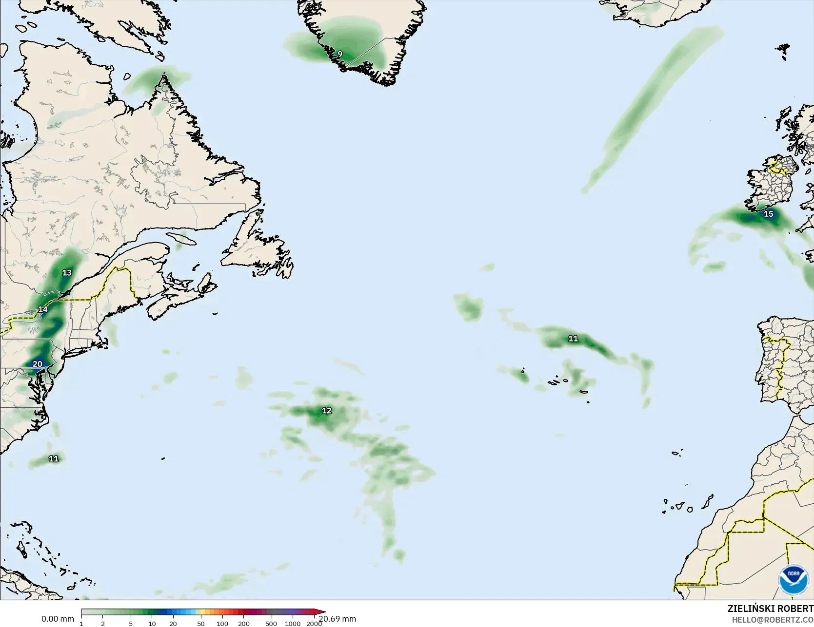 GFS modelo - Atlântico Norte, Acúmulo de precipitação