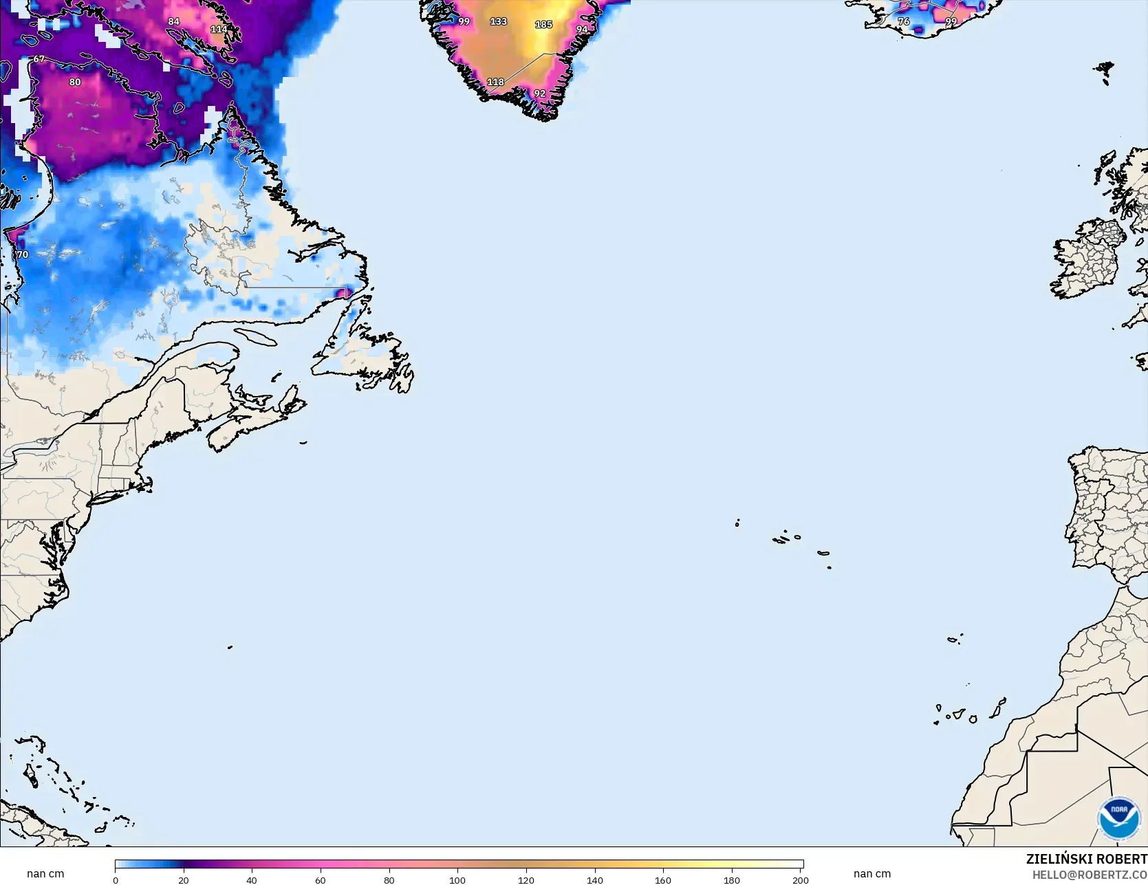 GFS modelo - Atlântico Norte, Profundidade da neve