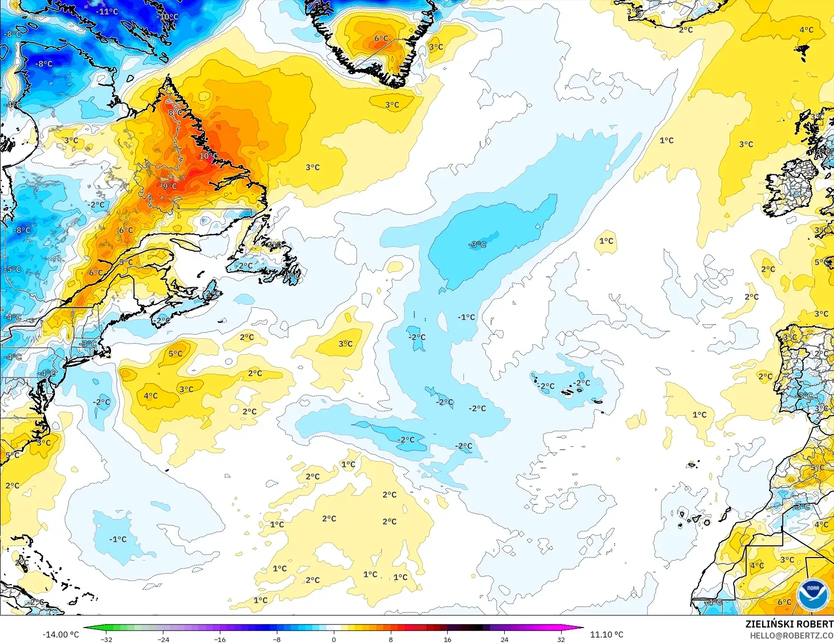 GFS modelo - Atlântico Norte, Anomalia de temperatura a 2 m