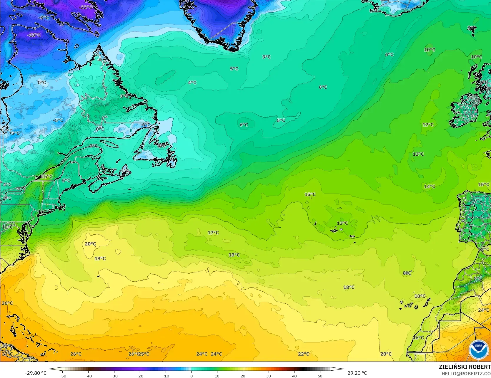 GFS modelo - Atlântico Norte, Temperatura a 2 m