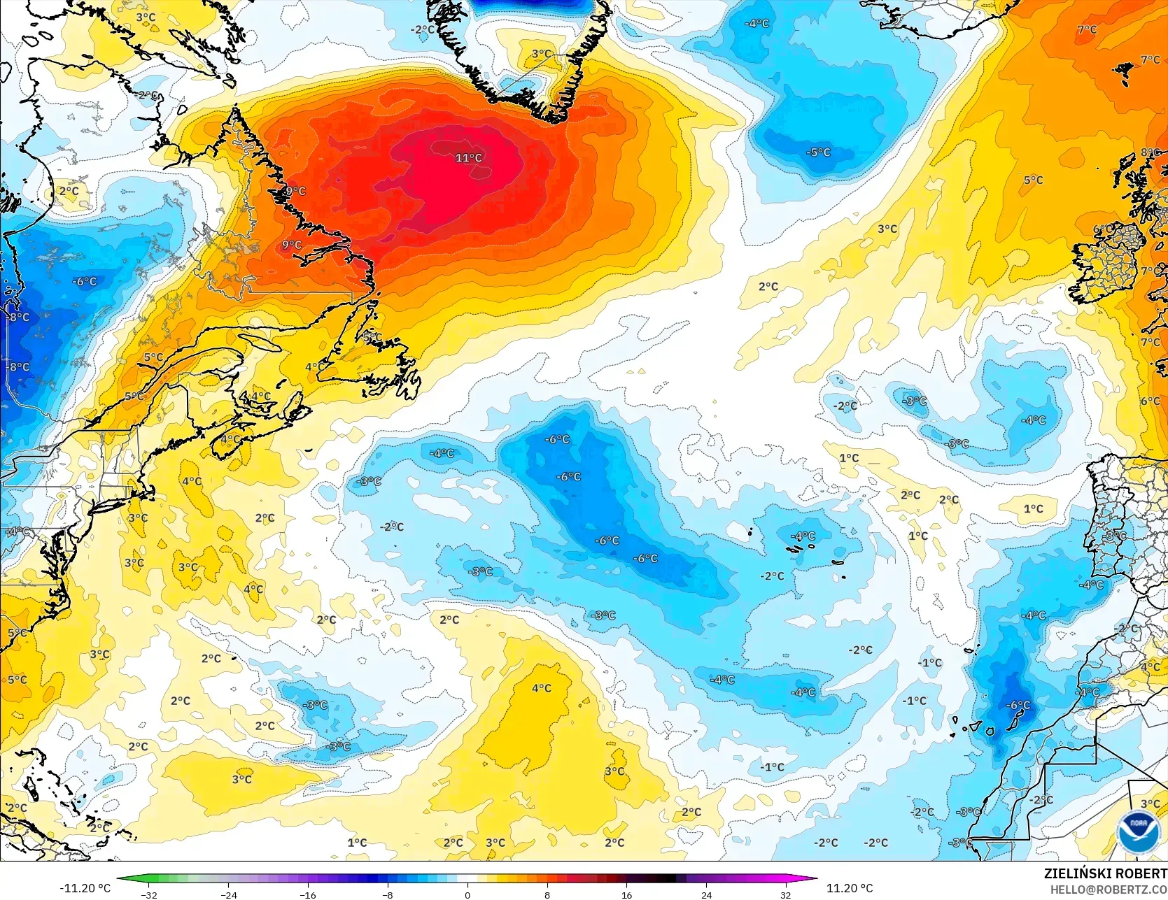 GFS modelo - Atlântico Norte, Anomalia de temperatura a 850 hPa