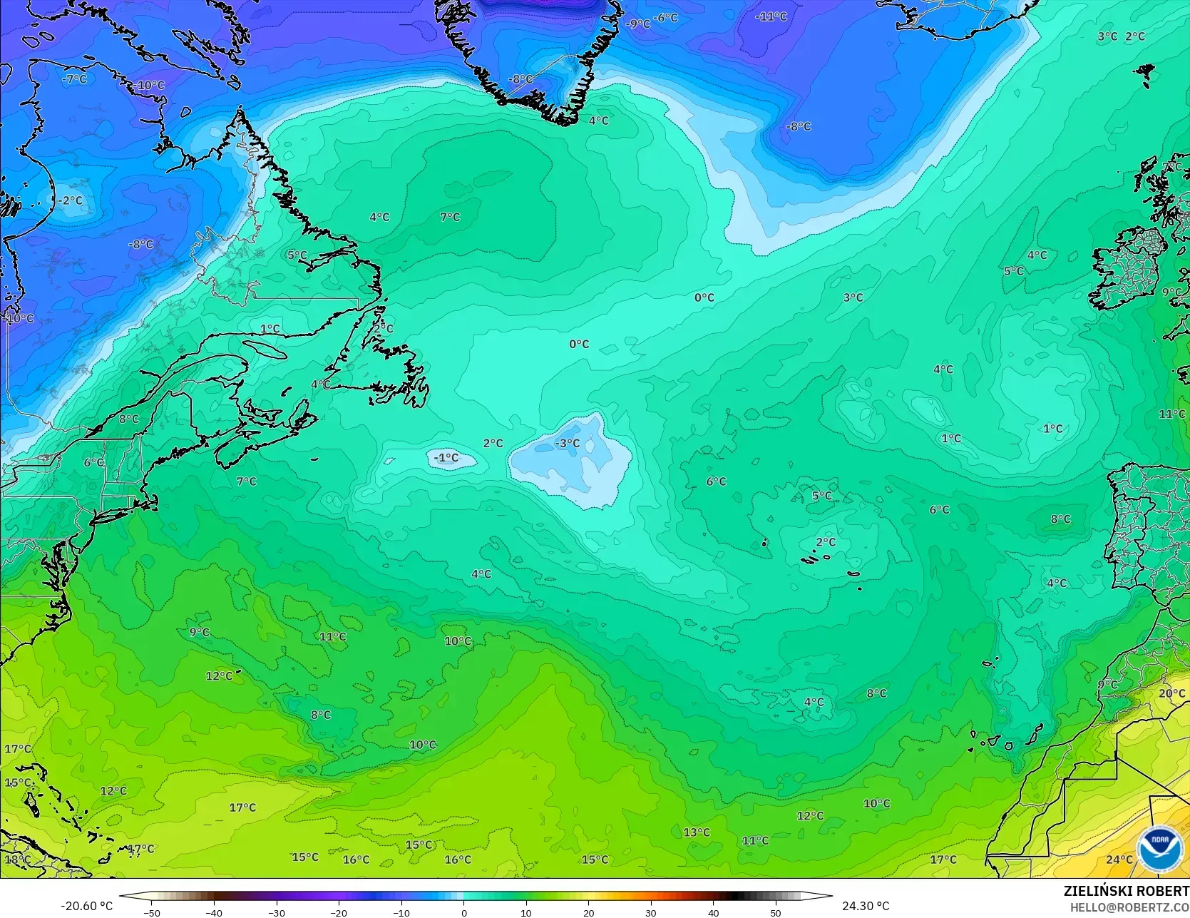 GFS modelo - Atlântico Norte, Temperatura a 850 hPa
