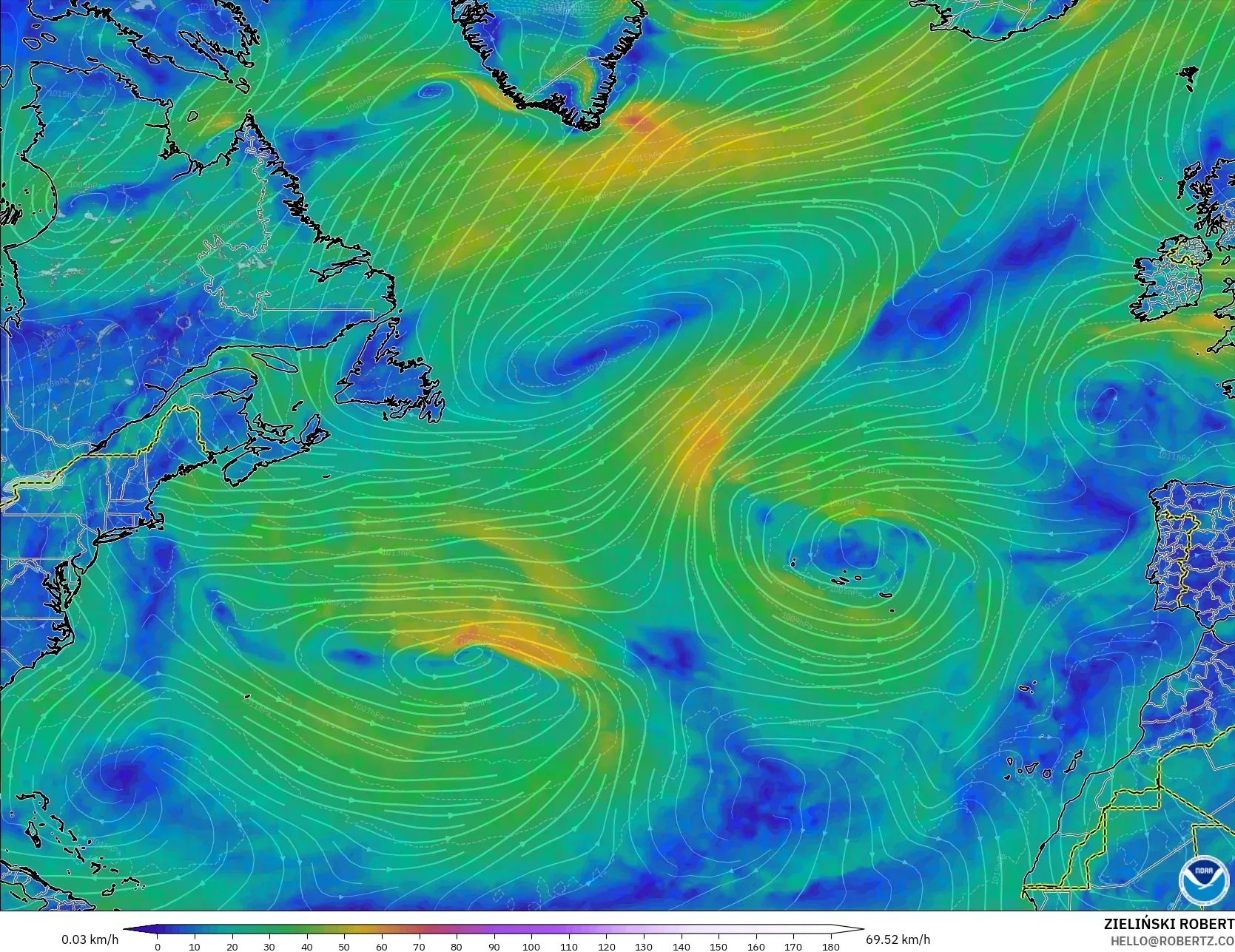 GFS modelo - Atlântico Norte, Vento a 10 m
